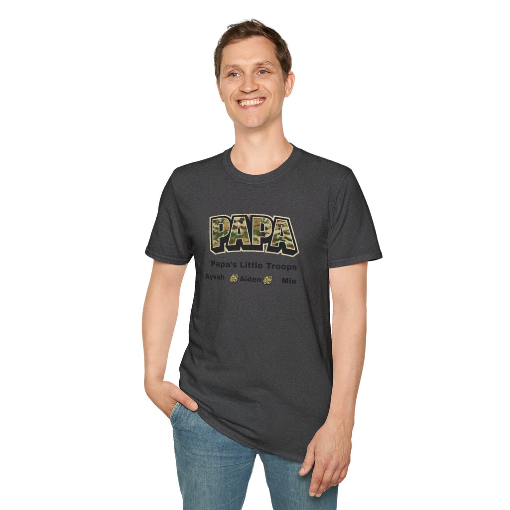Papa Camo T-Shirt — “Papa’s Little Troops” Personalized Kids Names Tee