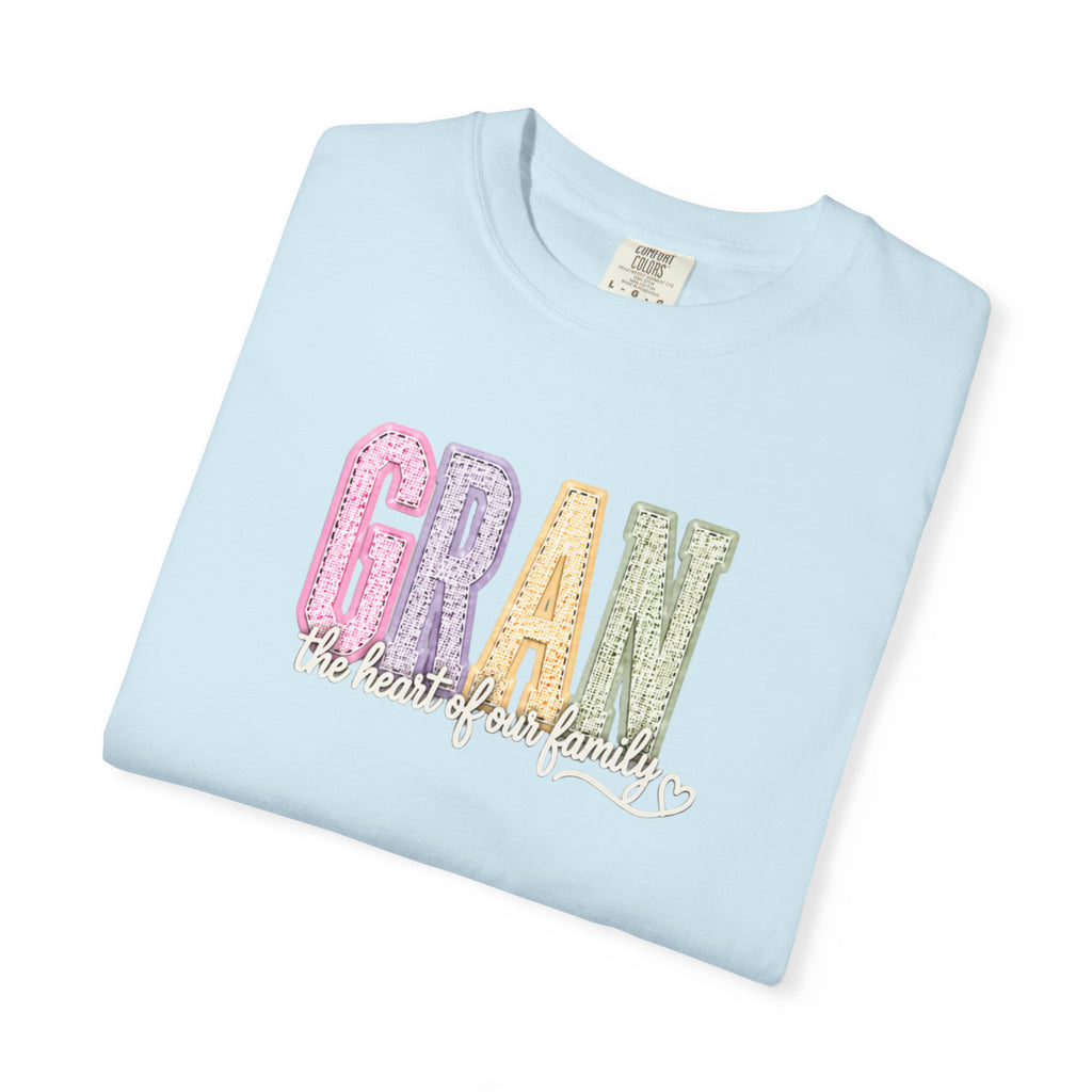 Gran Floral Script T-Shirt — "the heart of my family" Sage Garment-Dyed Tee