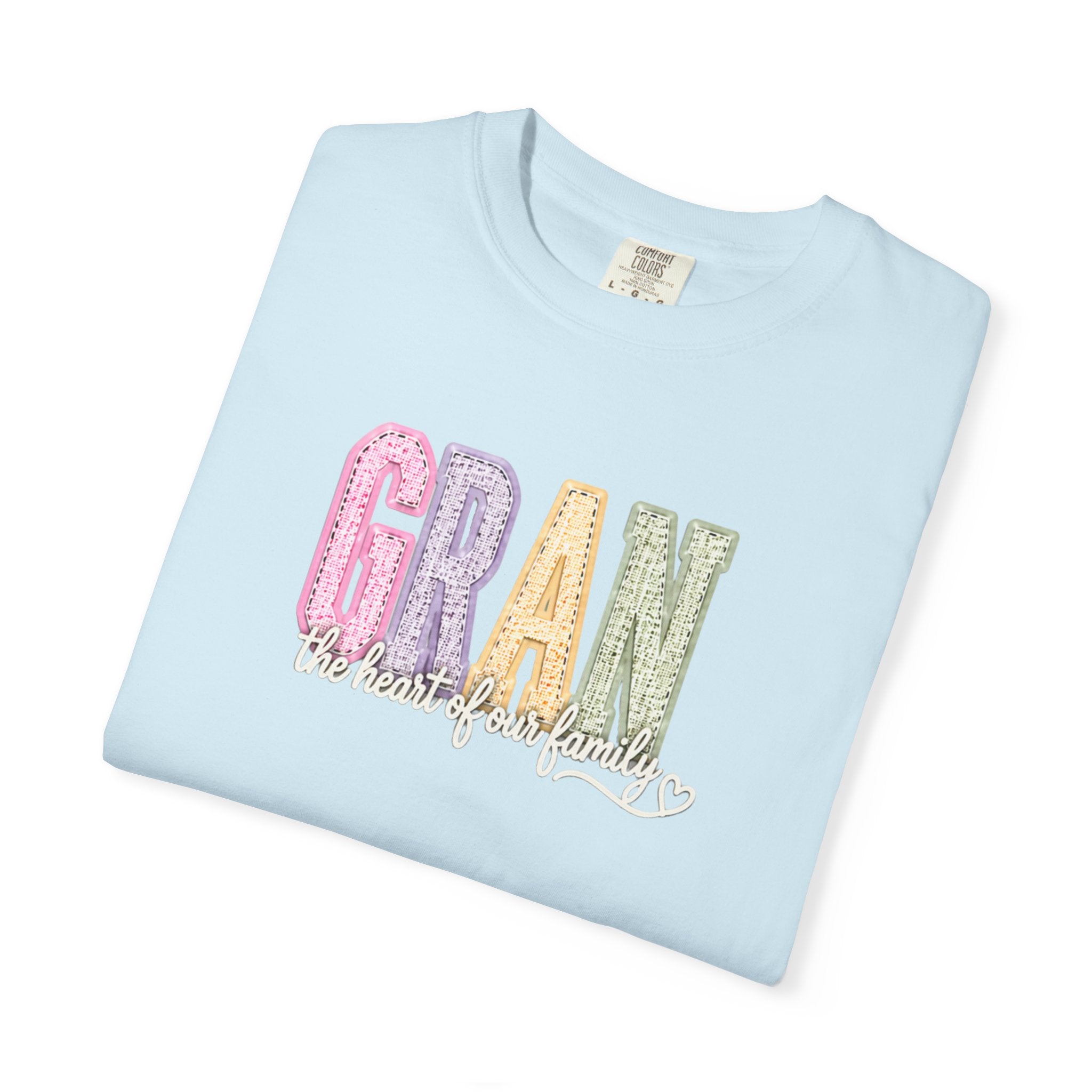 Gran Floral Script T-Shirt — "the heart of my family" Sage Garment-Dyed Tee
