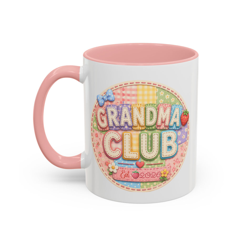 Cute 'Grandma Club' Accent Coffee Mug — Pink Interior & Handle, Floral Heart Design