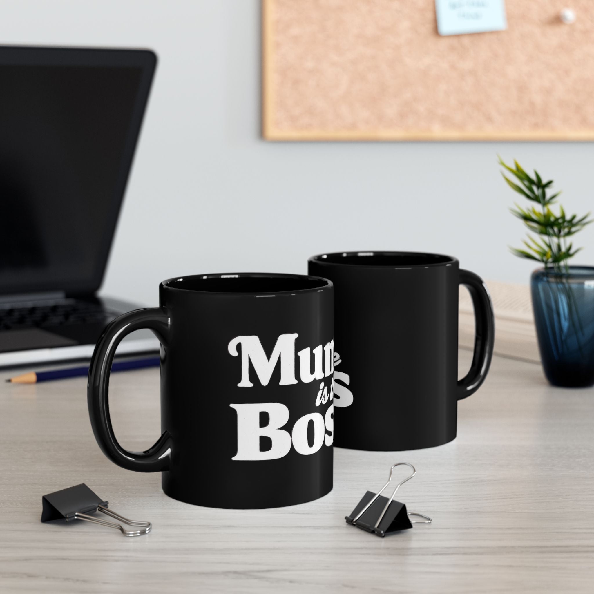 Black Mug - 'Mum is the Boss' Retro White Script Coffee Cup