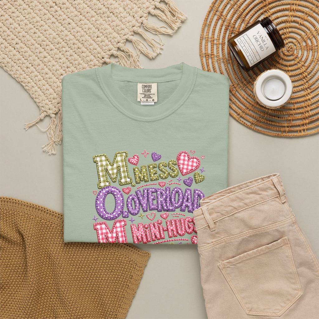 Mess, Overload, Mini-Hugs Hugs T-Shirt — Cute Hand-Lettered Mom Vibes Tee