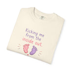 Pregnancy T-Shirt "Kicking Me From the Inside Out" — Cute Baby Footprint Maternity Tee
