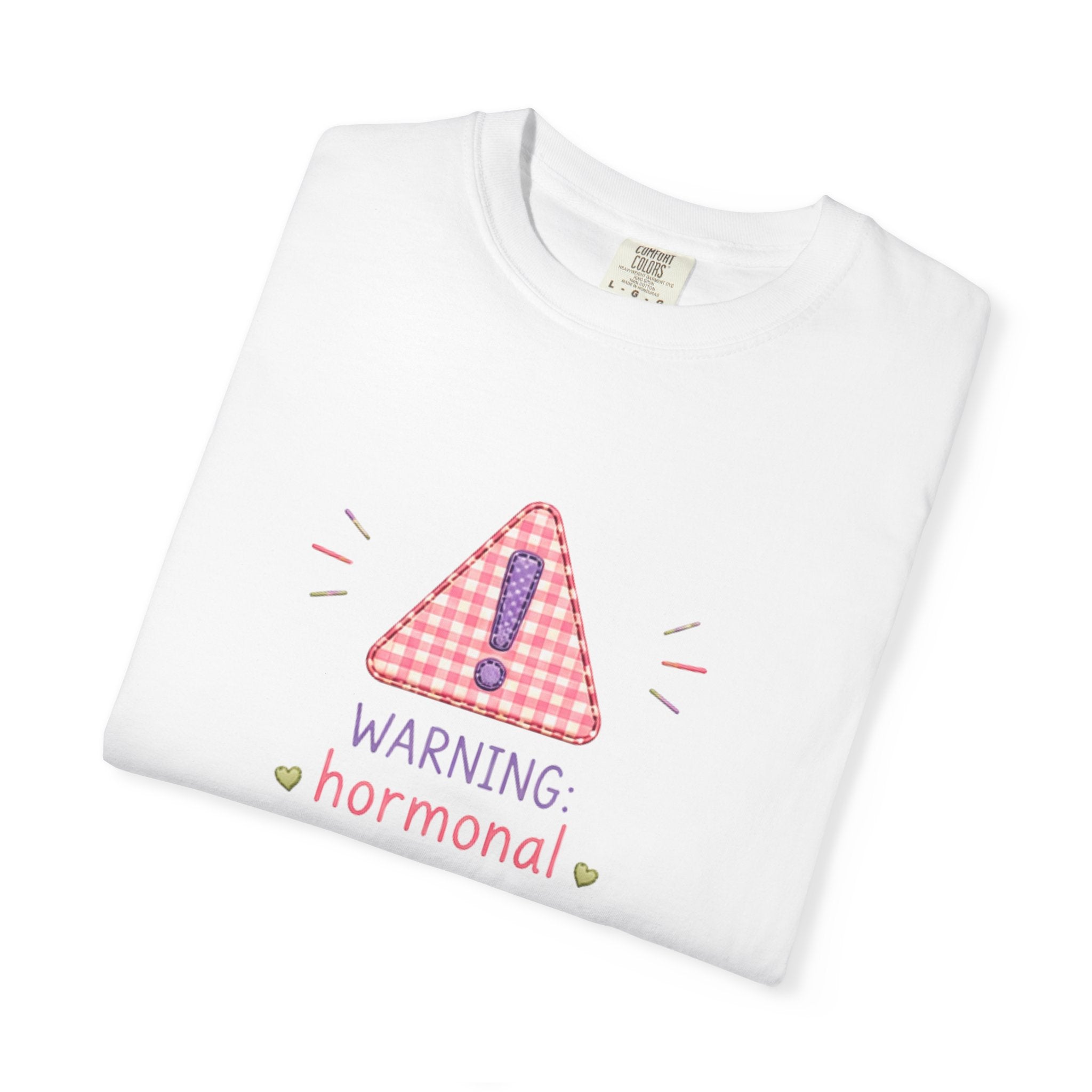 T-Shirt — "Warning: Hormonal" Cute Pink Gingham Alert Graphic