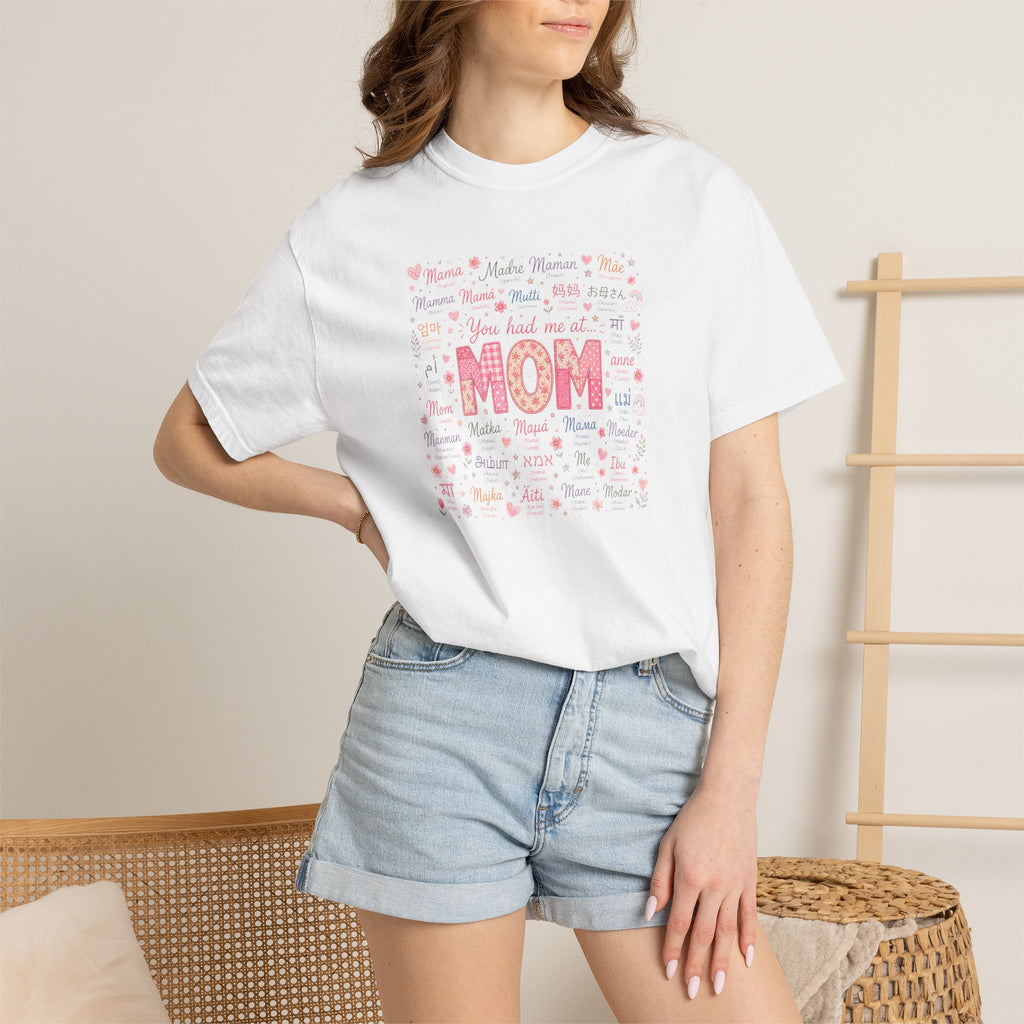 Mom Hearts Graphic T-Shirt — Cute Pink 'You had me at MOM' Mother's Day Tee