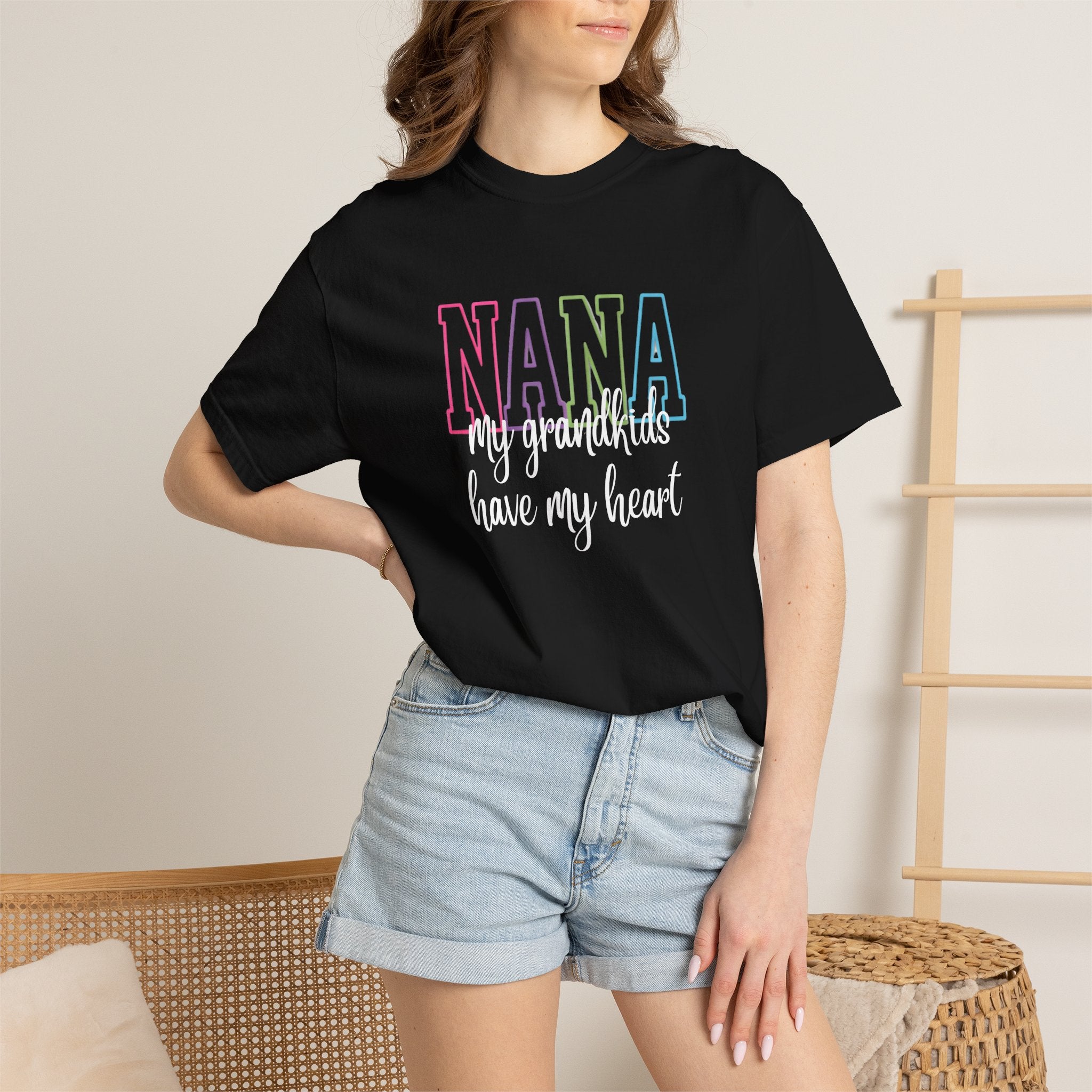 Nana Pastel Rainbow Tee — 'NANA' Floral Outline Grandma T-Shirt