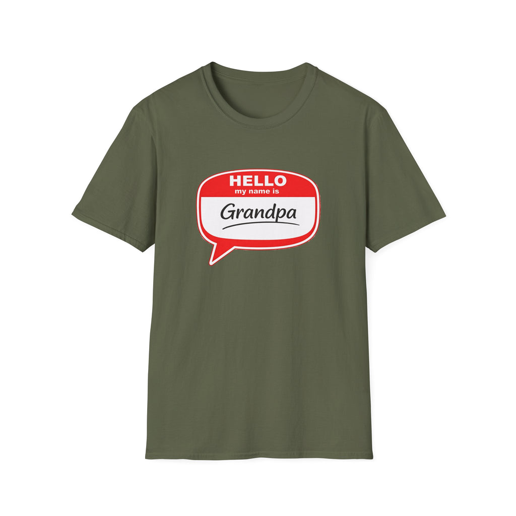Hello My Name Is Grandpa T-Shirt — Funny Grandpa Name Tag Tee for Father’s Day & New Grandfathers