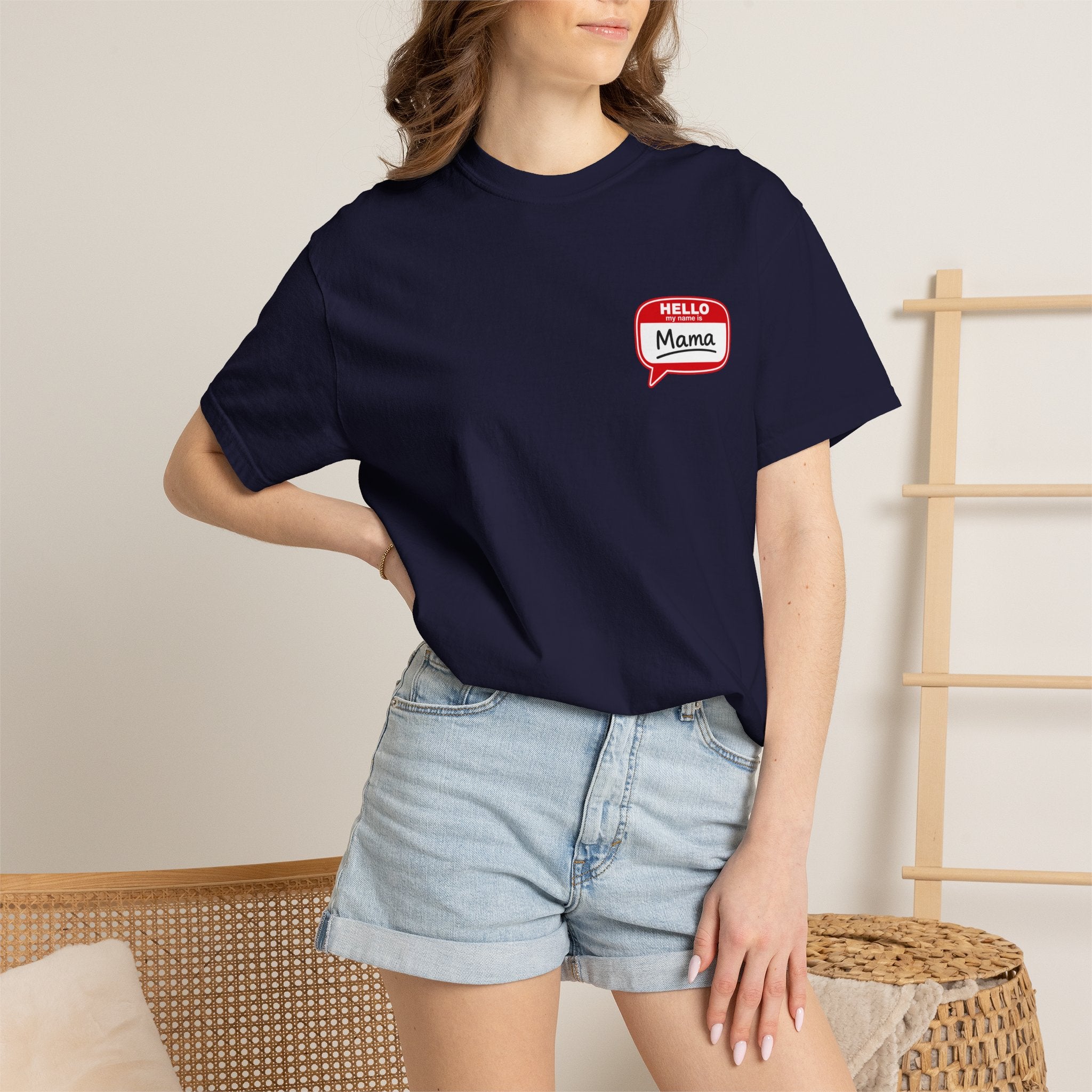 Hello Mama Pocket T‑Shirt — Cute 'Hello Mama' Name Tag Graphic Tee for New and Expecting Moms