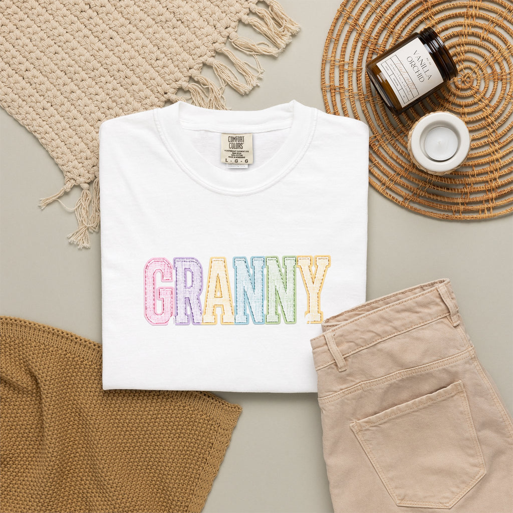 Granny Pastel Patchwork T-Shirt — Retro Rainbow 'GRANNY' Graphic Tee