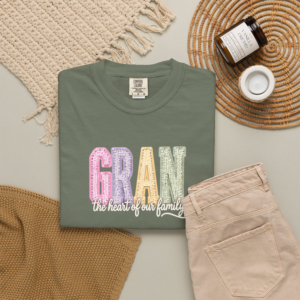 Gran Floral Script T-Shirt — "the heart of my family" Sage Garment-Dyed Tee