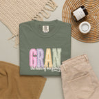 Gran Floral Script T-Shirt — "the heart of my family" Sage Garment-Dyed Tee