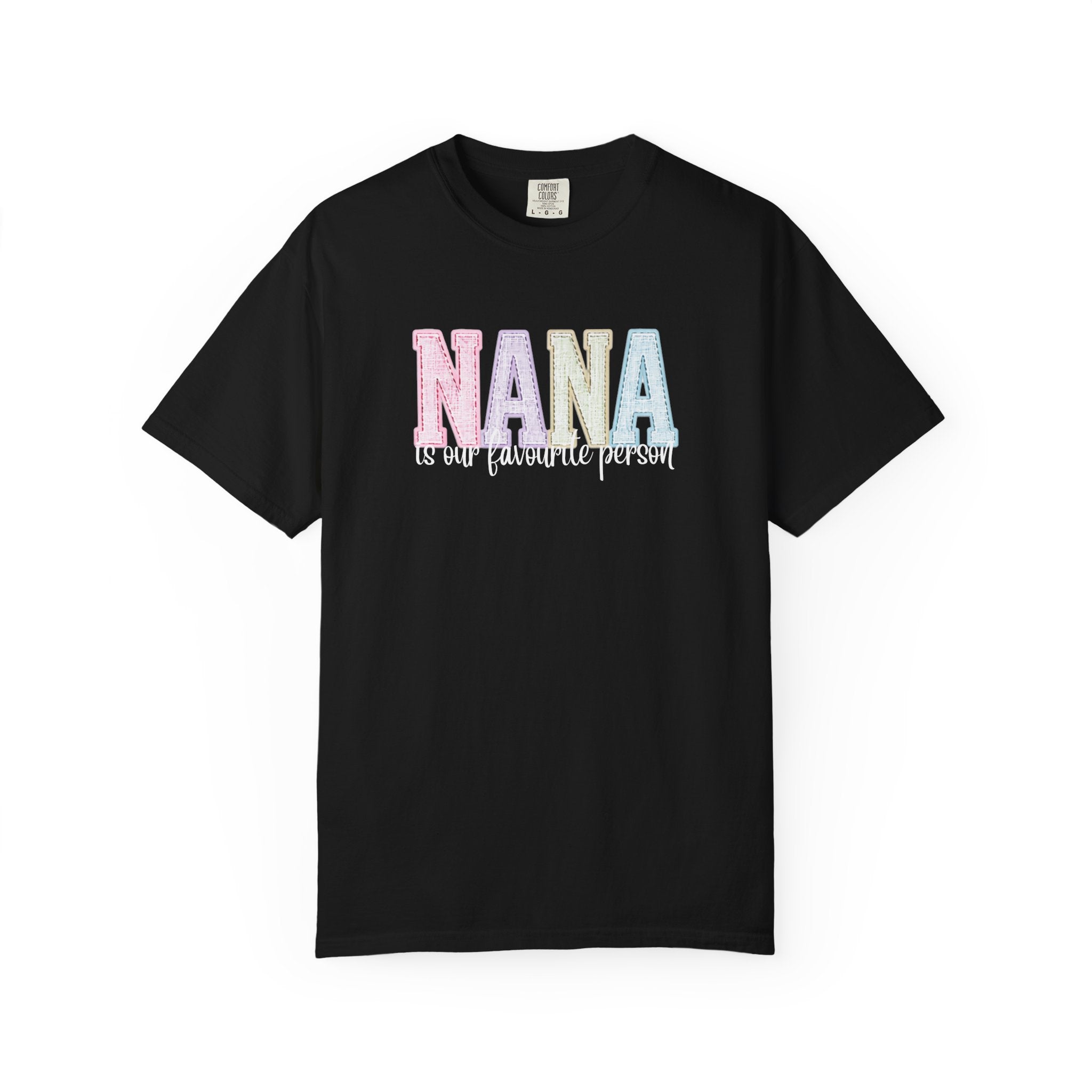 Nana Pastel Patchwork Tee — Soft White "NANA" Graphic T-Shirt for Grandmothers