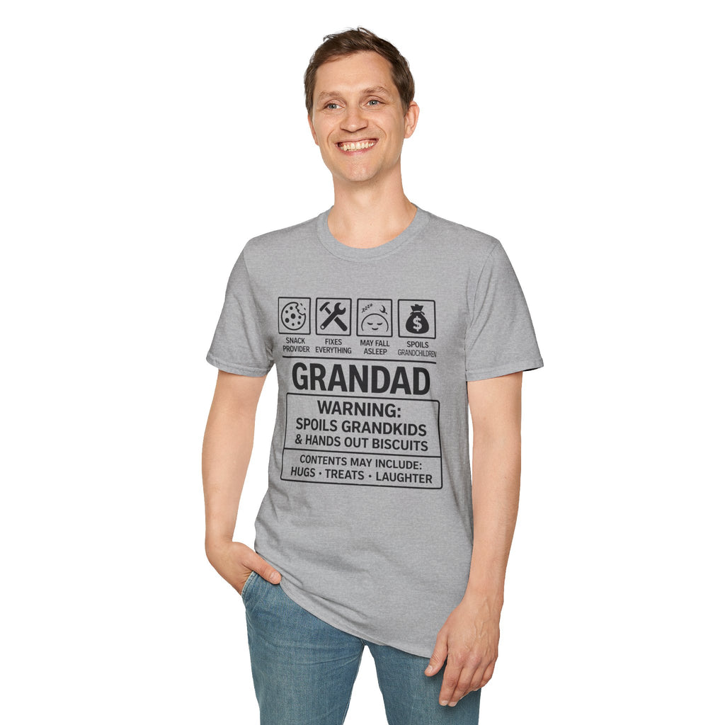 Grandad Warning T-Shirt — 'Warning: Spoils Grandkids & Hands Out Biscuits' Funny Grandpa Shirt
