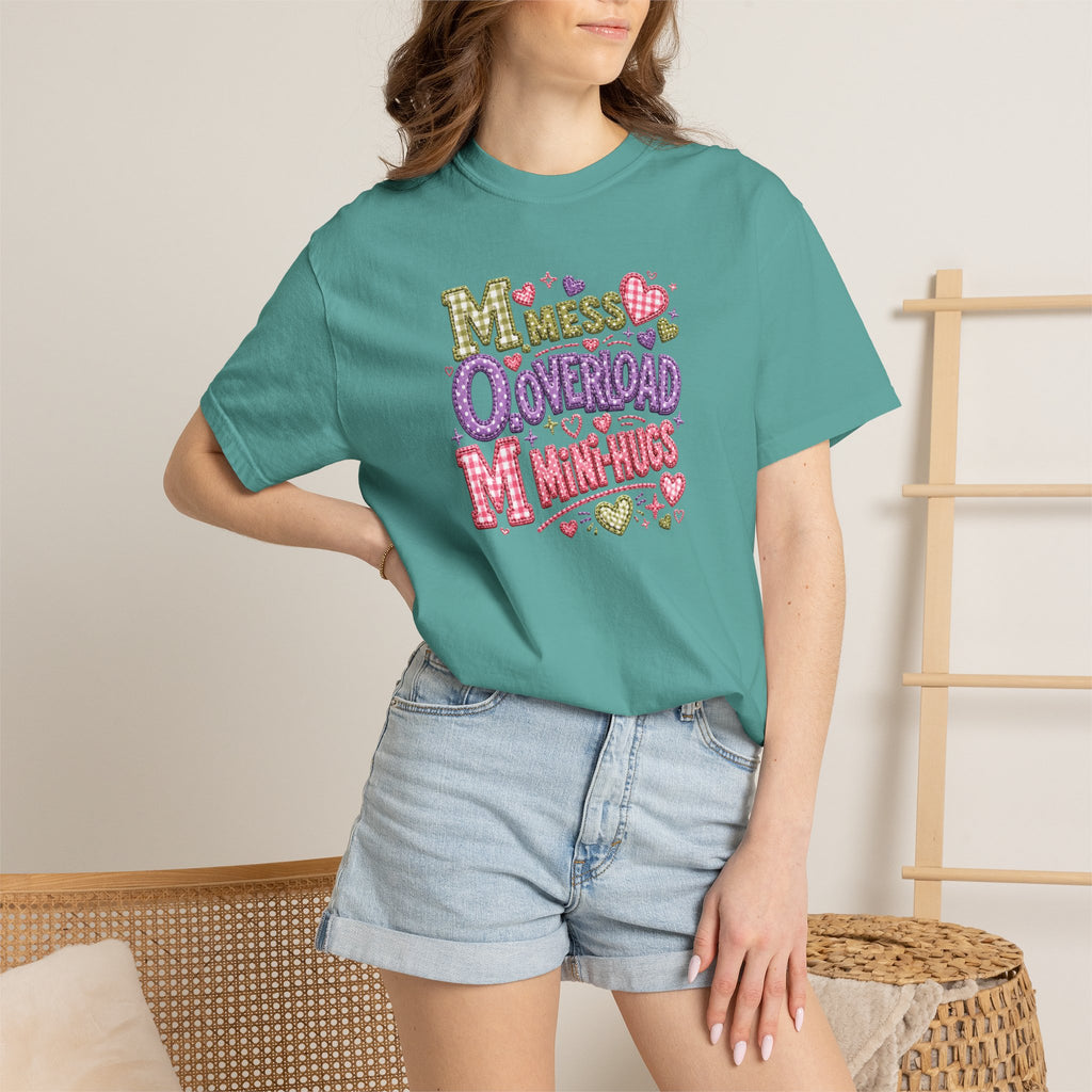 Mess, Overload, Mini-Hugs Hugs T-Shirt — Cute Hand-Lettered Mom Vibes Tee