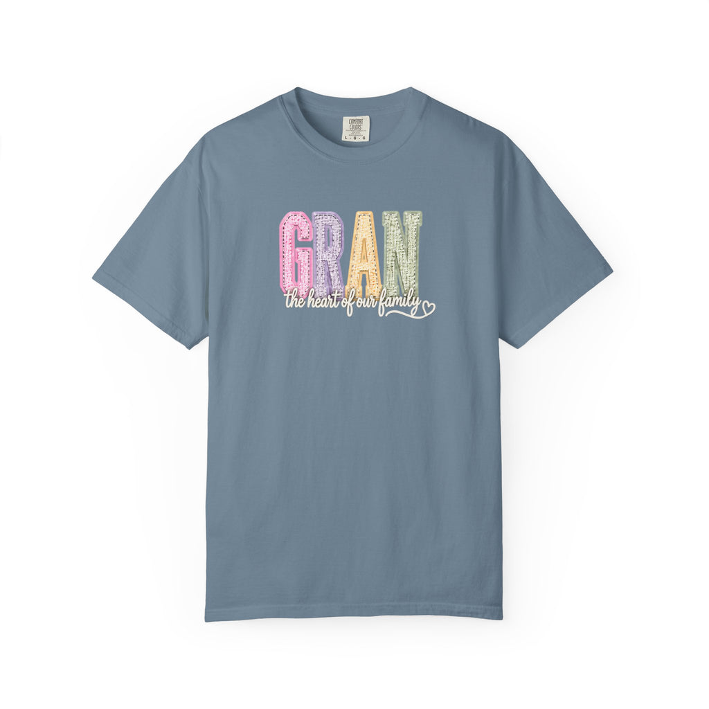 Gran Floral Script T-Shirt — "the heart of my family" Sage Garment-Dyed Tee