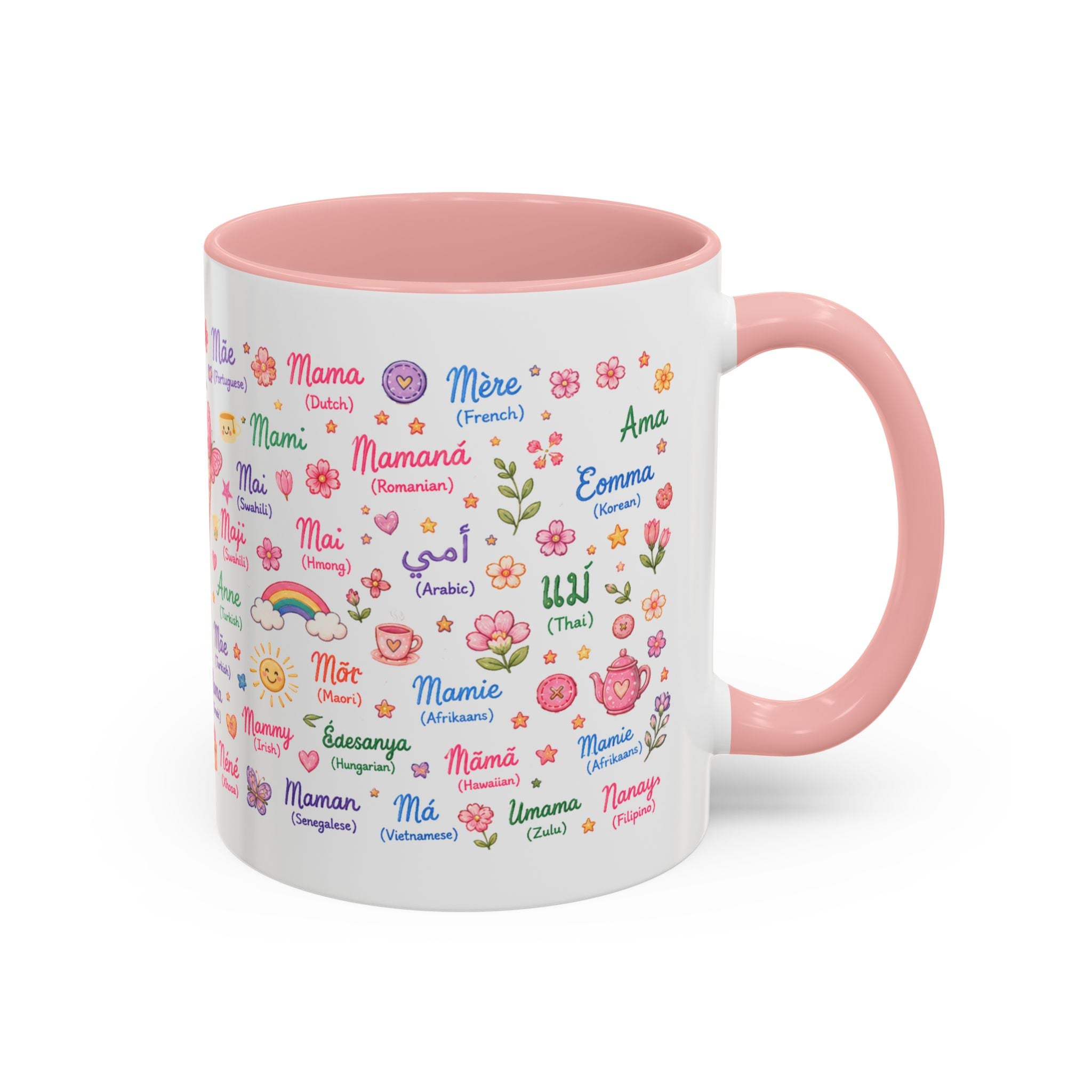 "MOMMY" Accent Coffee Mug – Multilingual 'Mom' Floral Pink 11/15oz