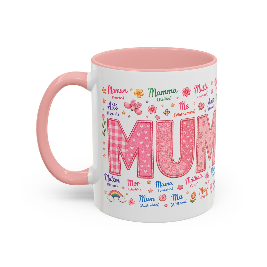 MUM Multilingual Accent Coffee Mug – 'Mum' in Many Languages, Pink Interior (11/15oz)