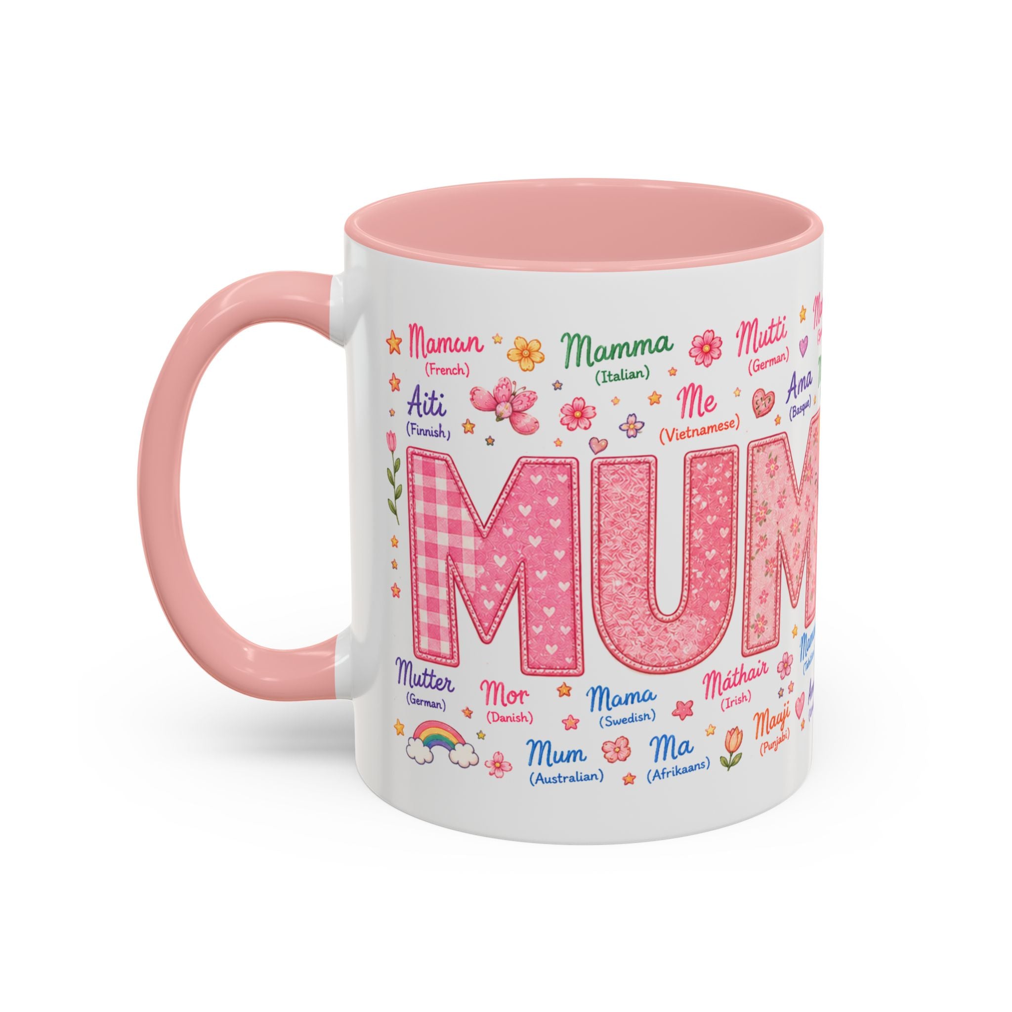 MUM Multilingual Accent Coffee Mug – 'Mum' in Many Languages, Pink Interior (11/15oz)