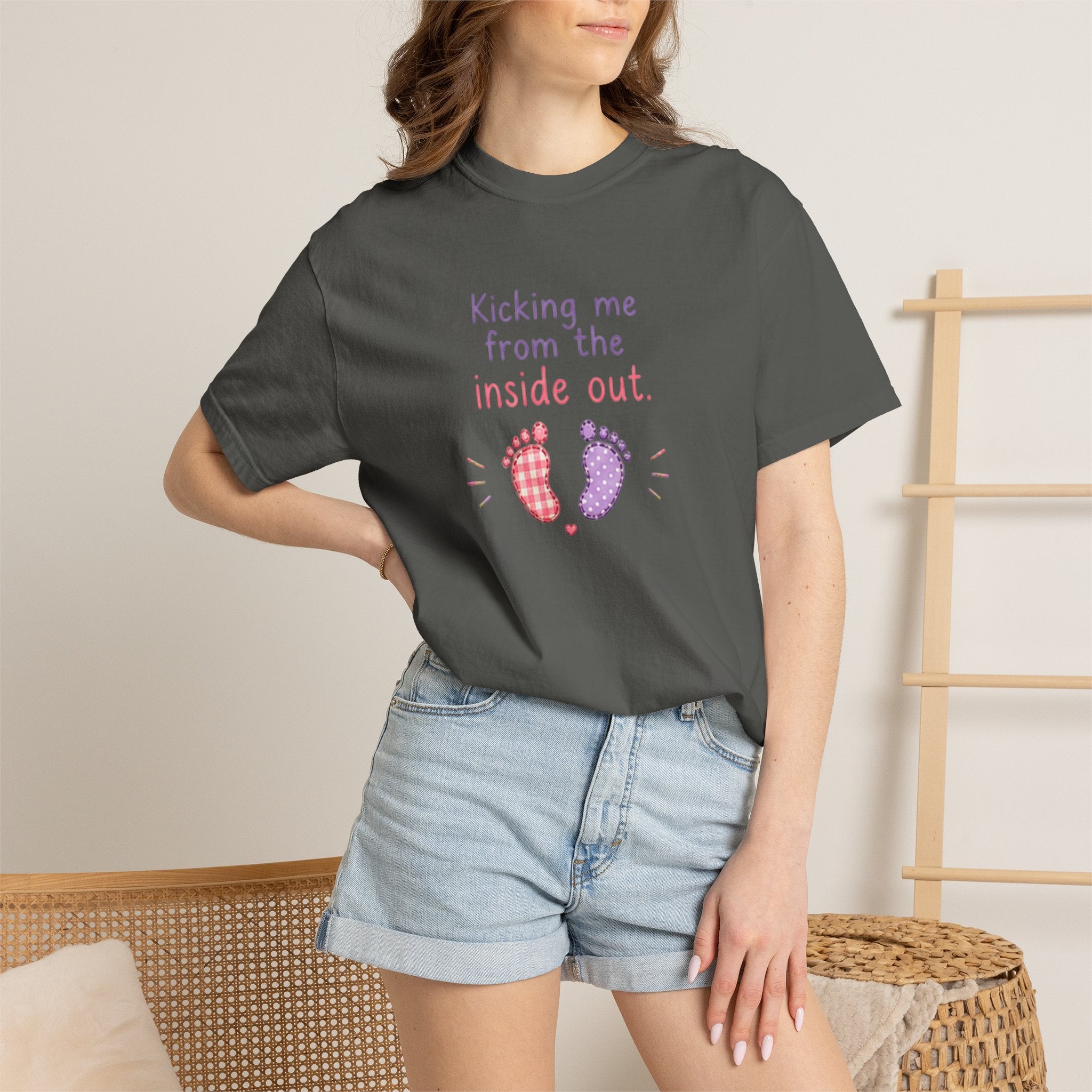 Pregnancy T-Shirt "Kicking Me From the Inside Out" — Cute Baby Footprint Maternity Tee