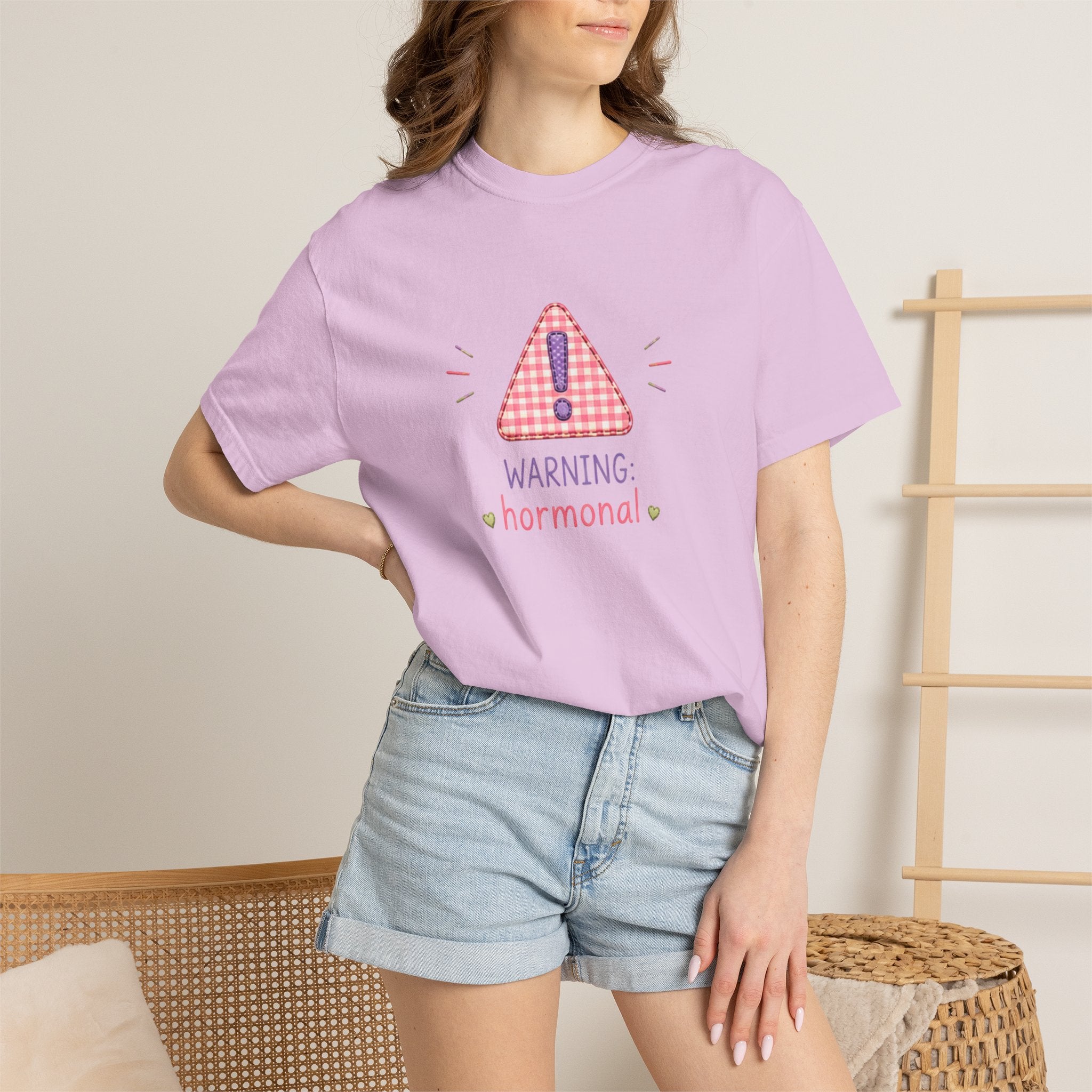 T-Shirt — "Warning: Hormonal" Cute Pink Gingham Alert Graphic