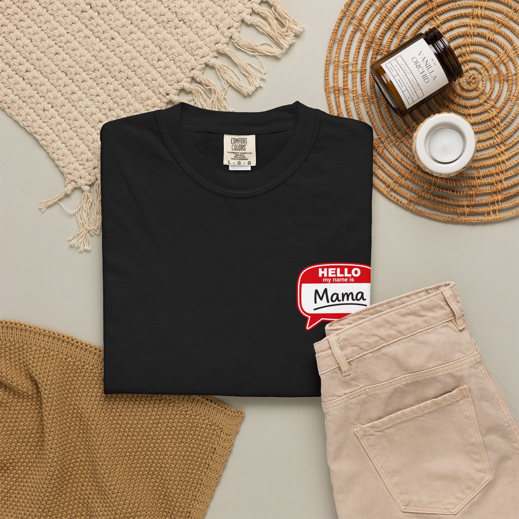 Hello Mama Pocket T‑Shirt — Cute 'Hello Mama' Name Tag Graphic Tee for New and Expecting Moms