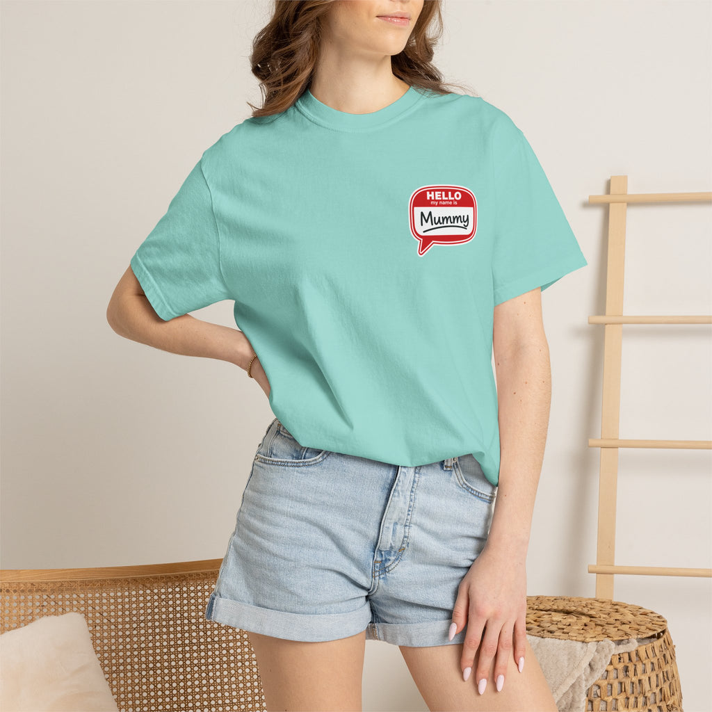 T-Shirt — "Hello Mummy" Retro Name-Tag Graphic