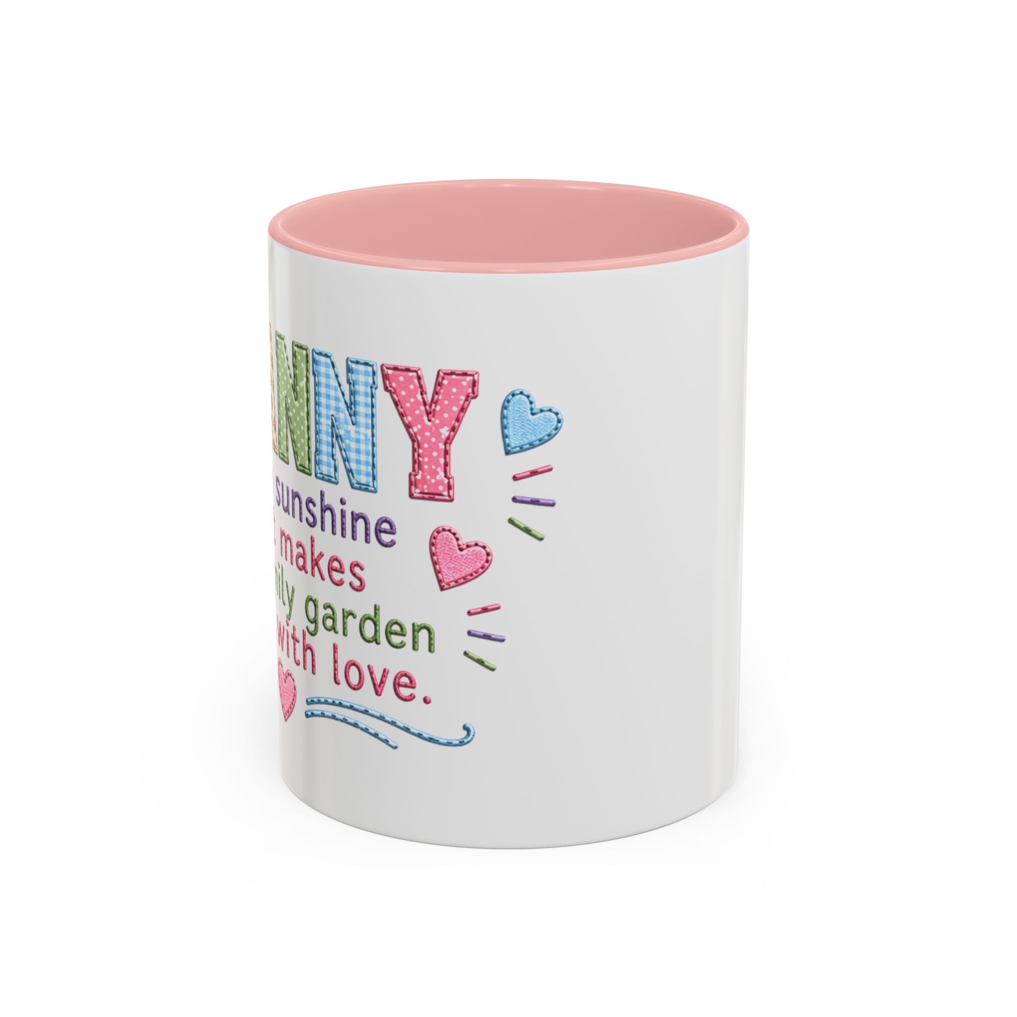 Granny' Sunshine Accent Coffee Mug — Pink Interior & Handle, Cute Garden Love Design