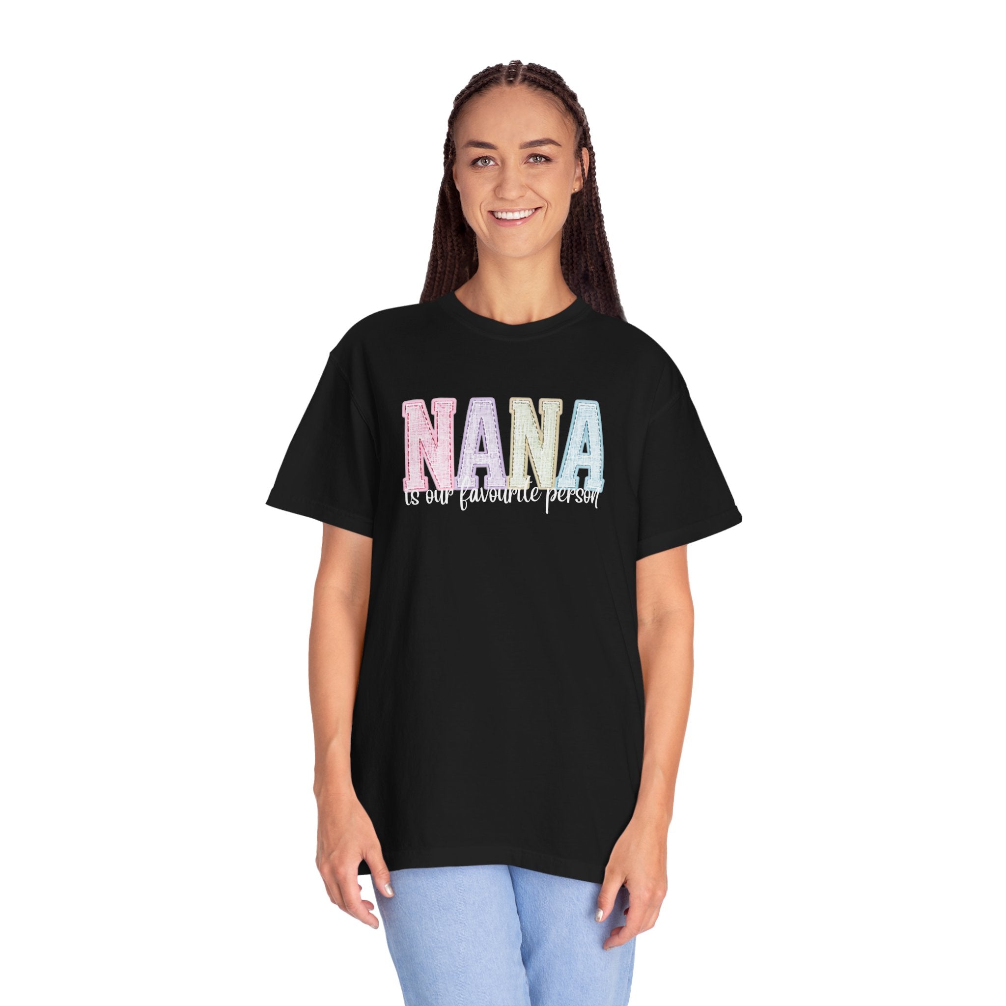 Nana Pastel Patchwork Tee — Soft White "NANA" Graphic T-Shirt for Grandmothers