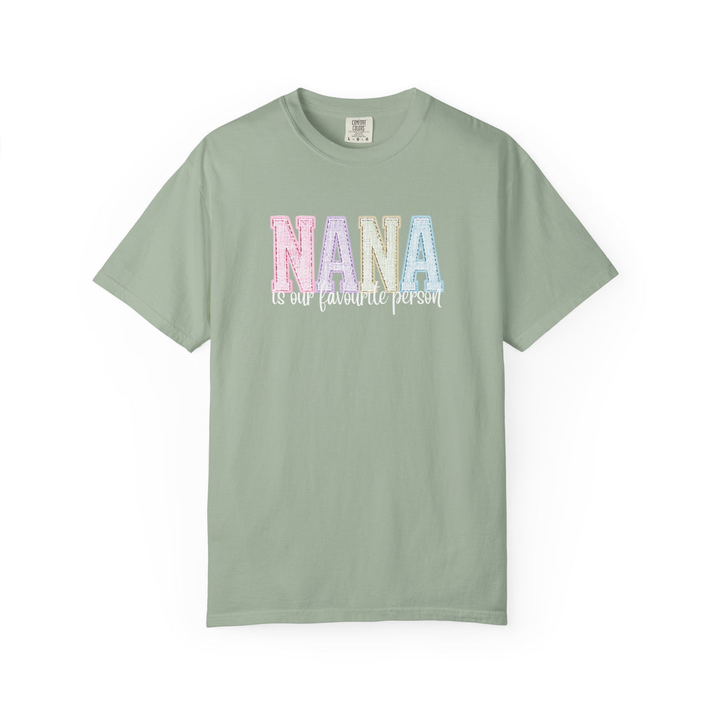 Nana Pastel Patchwork Tee — Soft White "NANA" Graphic T-Shirt for Grandmothers