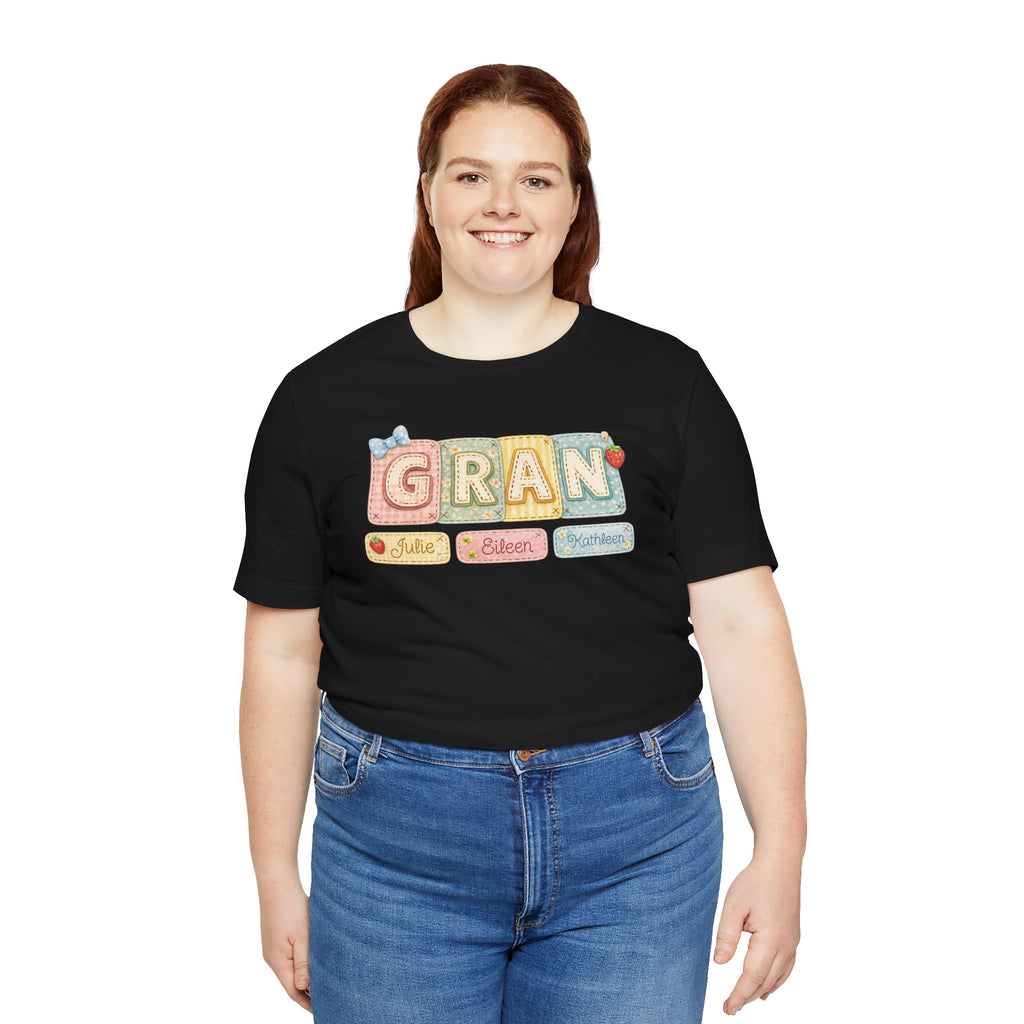 Gran Retro Patch Tee — Personalized 'Gran' Name Blocks Short Sleeve Shirt
