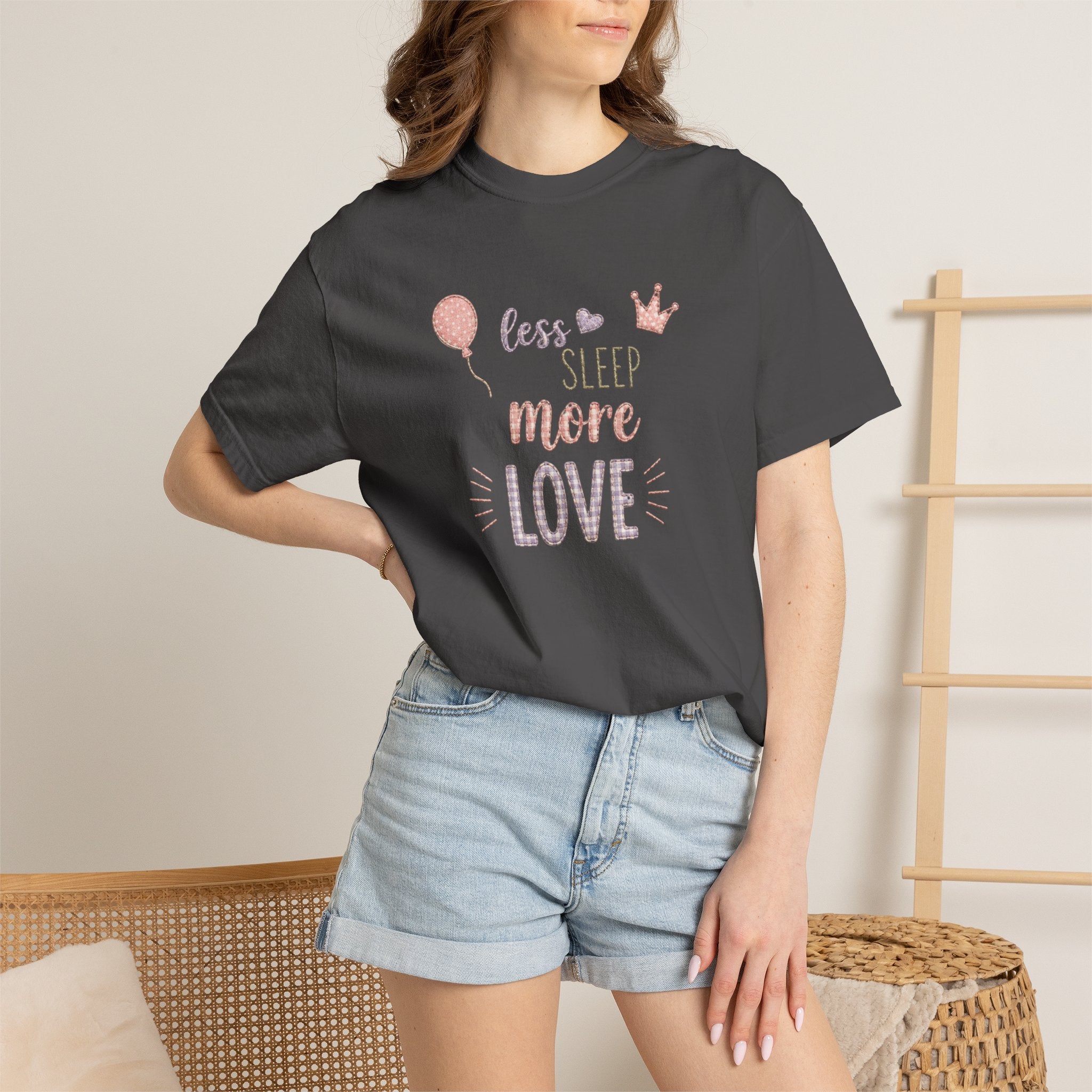 Less Sleep More Love T-Shirt – Pregnancy Announcment Cute Pink Balloon & Crown Graphic Tee