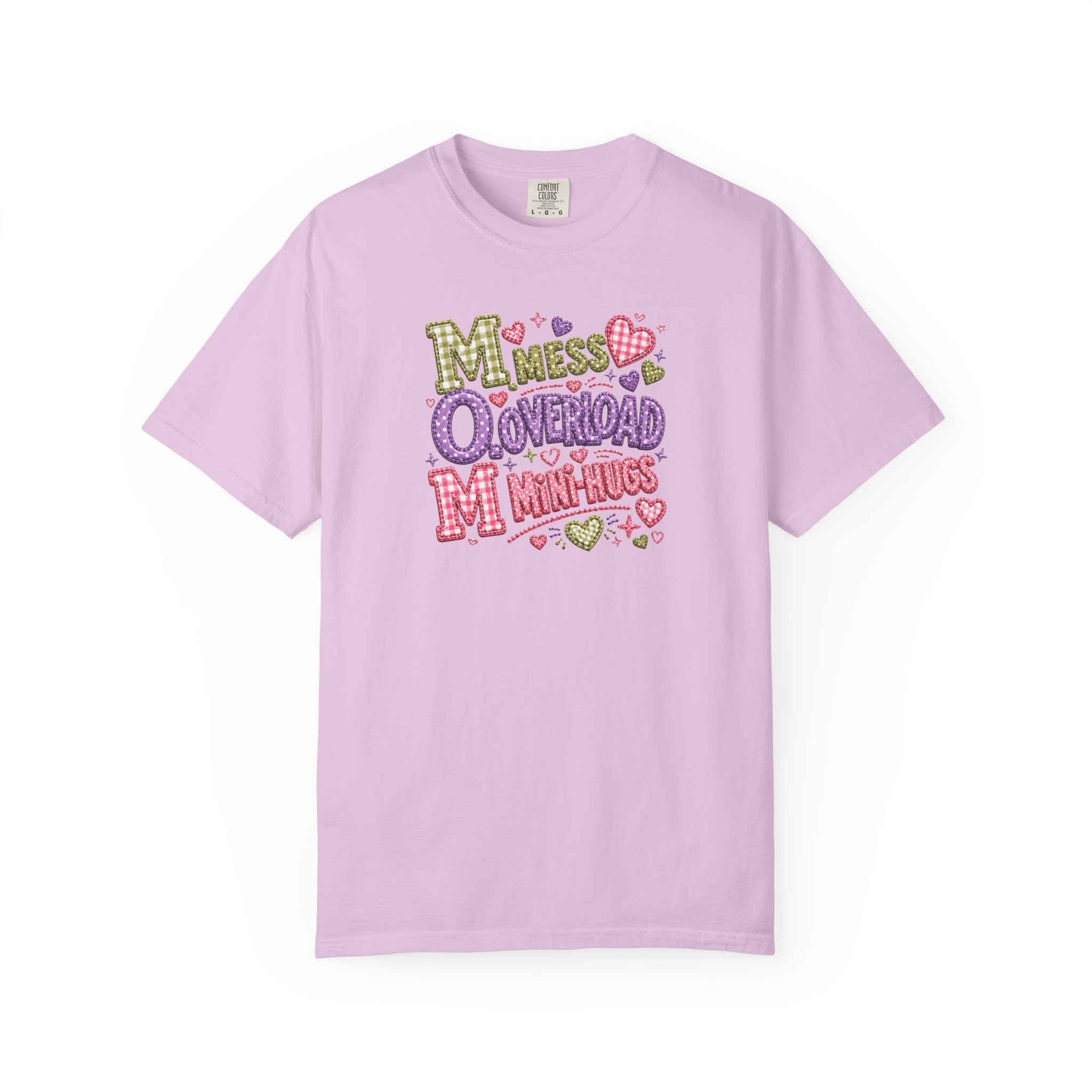 Mess, Overload, Mini-Hugs Hugs T-Shirt — Cute Hand-Lettered Mom Vibes Tee