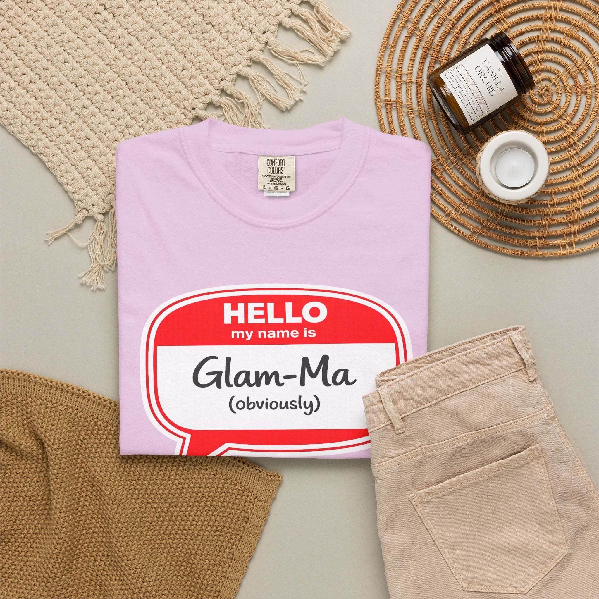 Glam-Ma Name Tag T-Shirt — "Hello My Name Is Glam-Ma (Obviously)" Graphic Tee