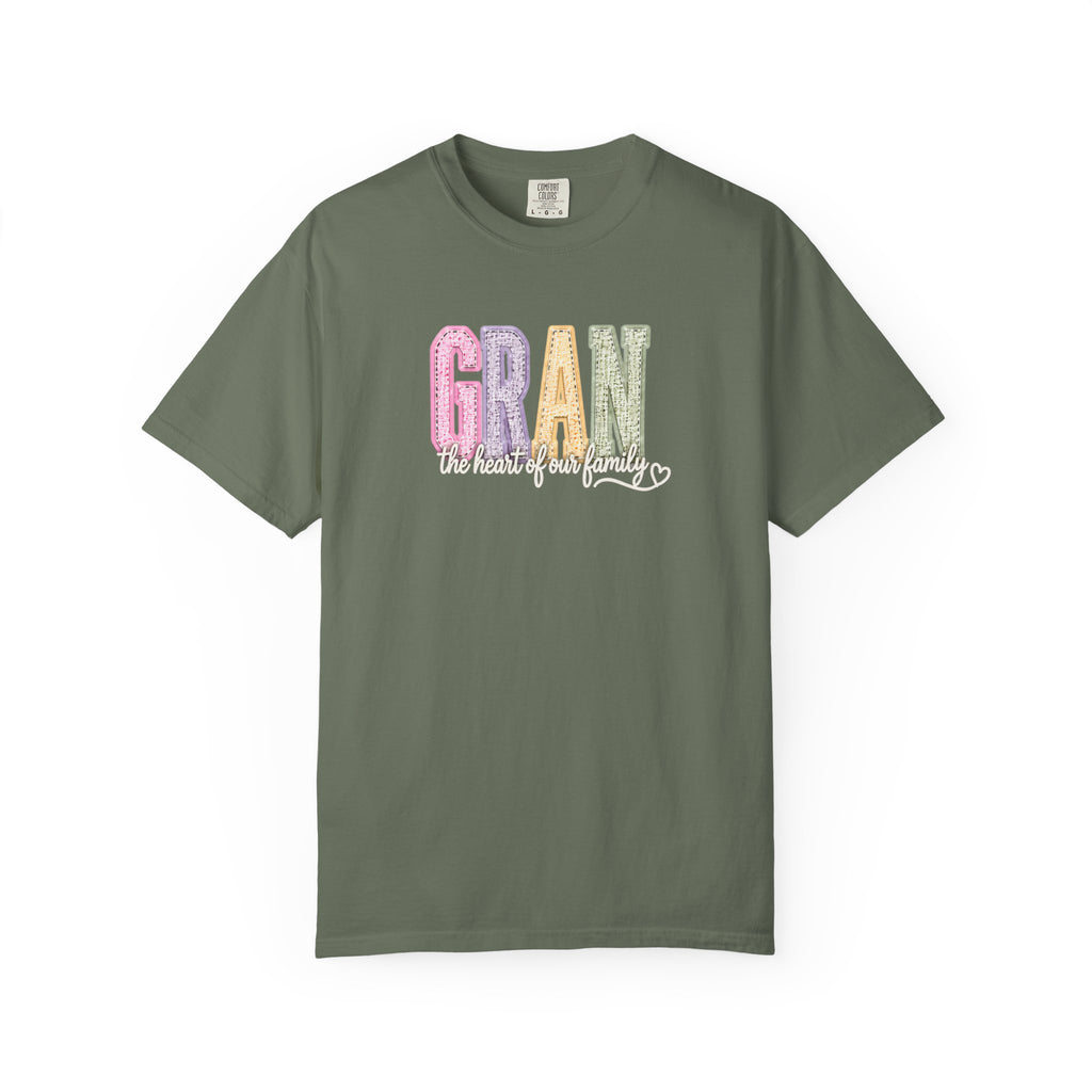 Gran Floral Script T-Shirt — "the heart of my family" Sage Garment-Dyed Tee
