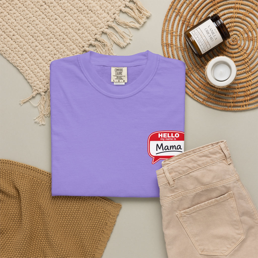 Hello Mama Pocket T‑Shirt — Cute 'Hello Mama' Name Tag Graphic Tee for New and Expecting Moms