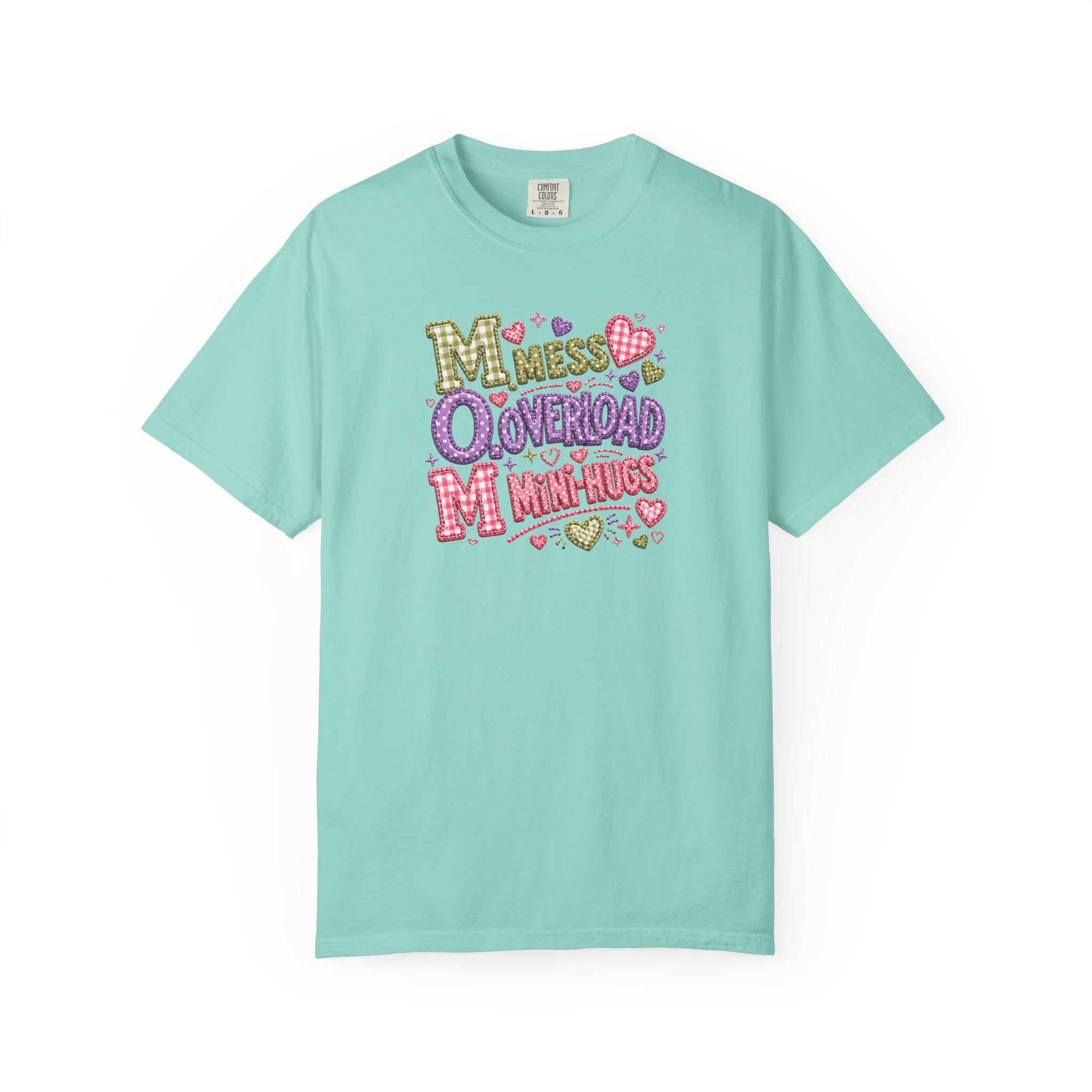 Mess, Overload, Mini-Hugs Hugs T-Shirt — Cute Hand-Lettered Mom Vibes Tee