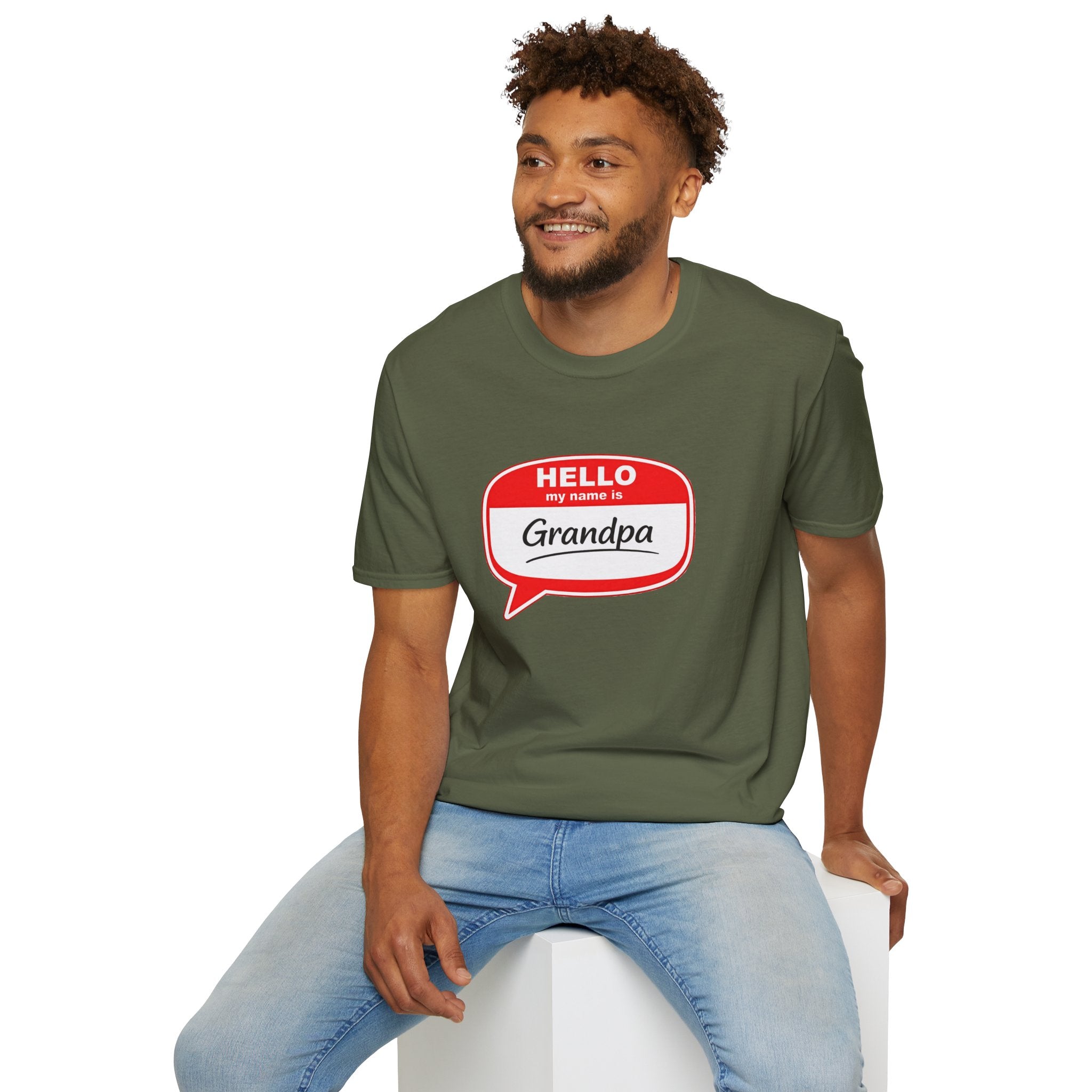 Hello My Name Is Grandpa T-Shirt — Funny Grandpa Name Tag Tee for Father’s Day & New Grandfathers
