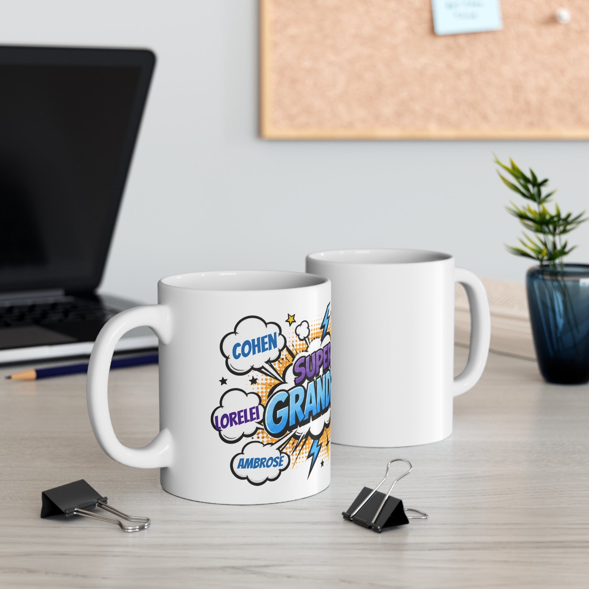 Super Grandpa Comic-Style Mug — Personalized Names Coffee Cup