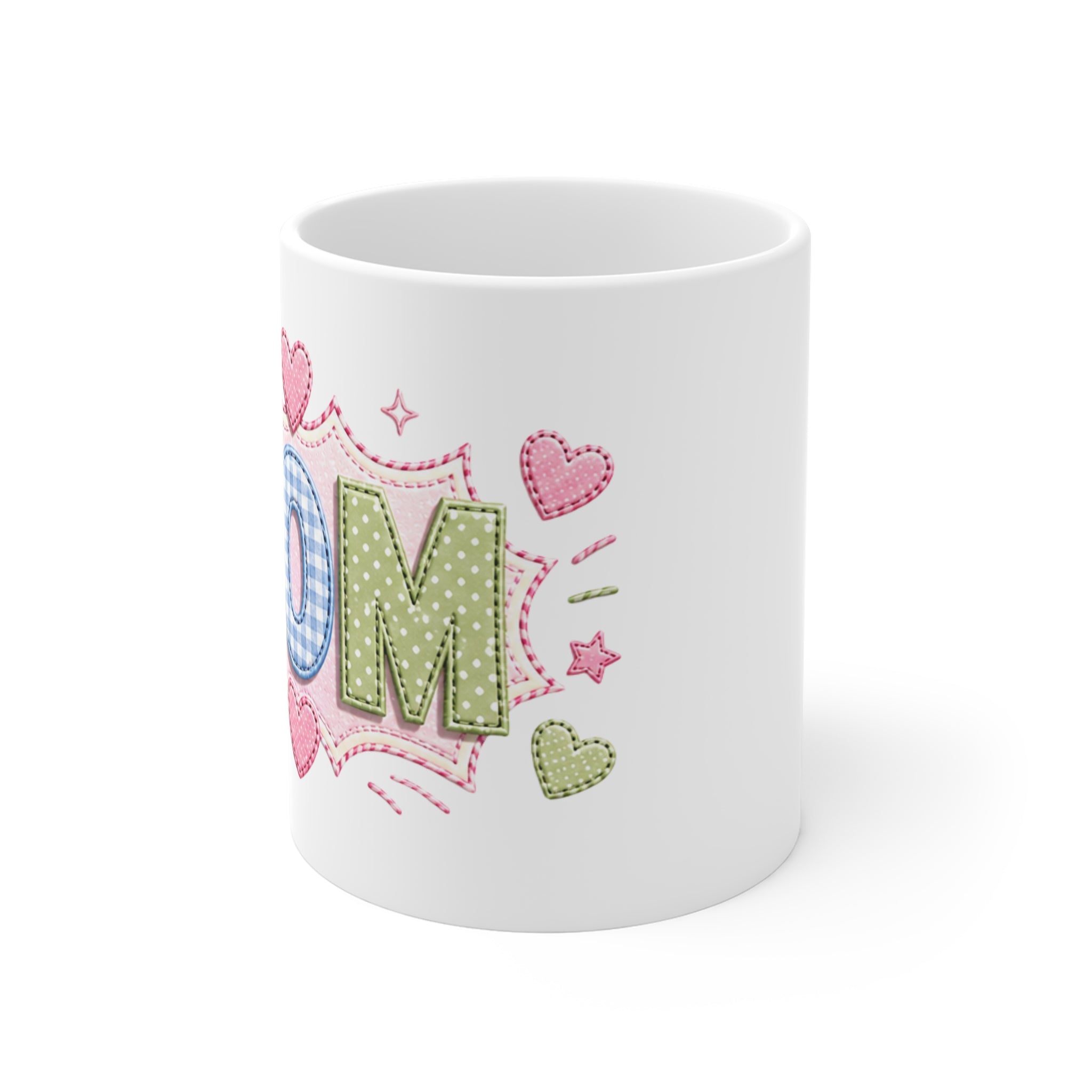 Mom Patchwork Mug — Cute Floral & Gingham 11oz Coffee Cup for Mother’s Day