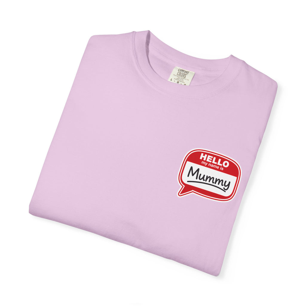 T-Shirt — "Hello Mummy" Retro Name-Tag Graphic