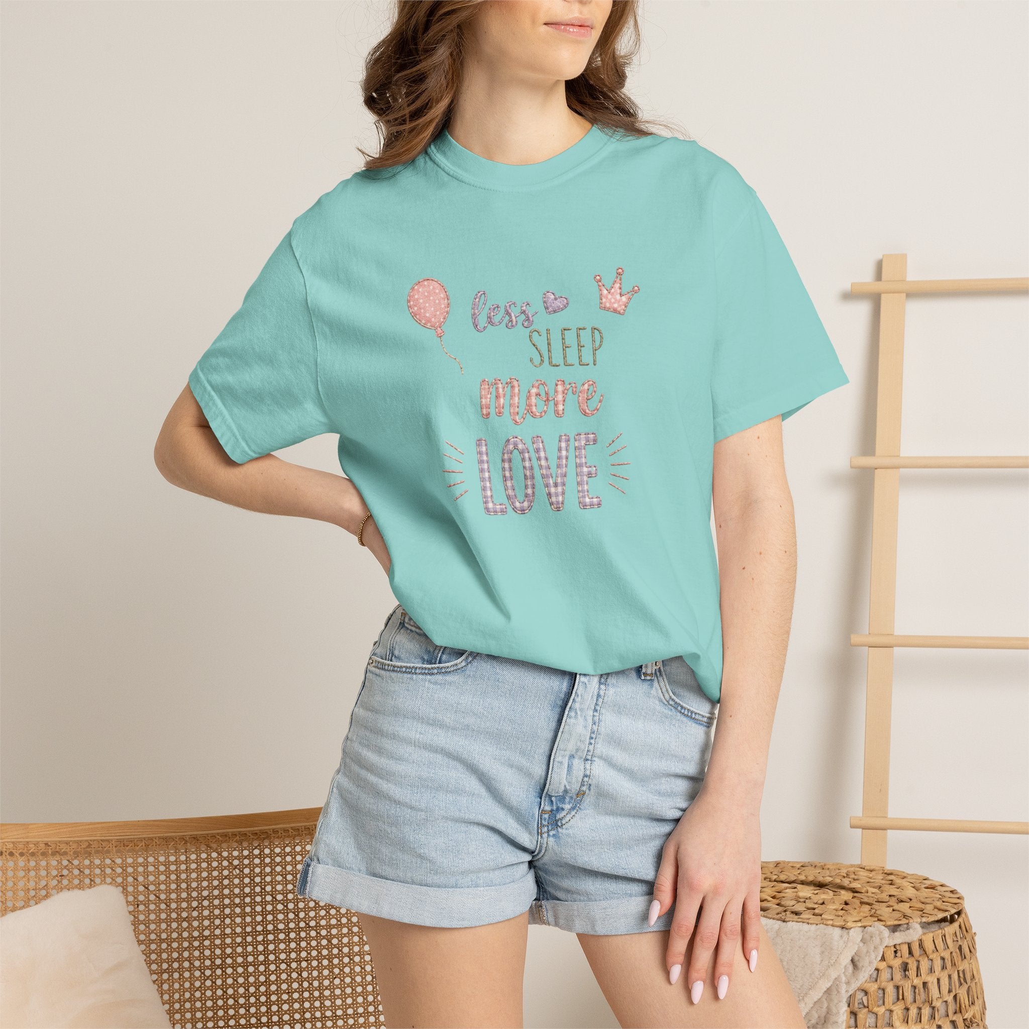 Less Sleep More Love T-Shirt – Pregnancy Announcment Cute Pink Balloon & Crown Graphic Tee