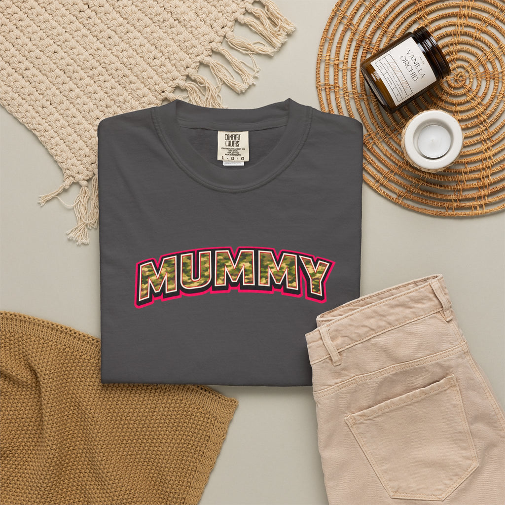 MUMMY Camo Script T-Shirt — Vintage Comic Style Mommy Tee