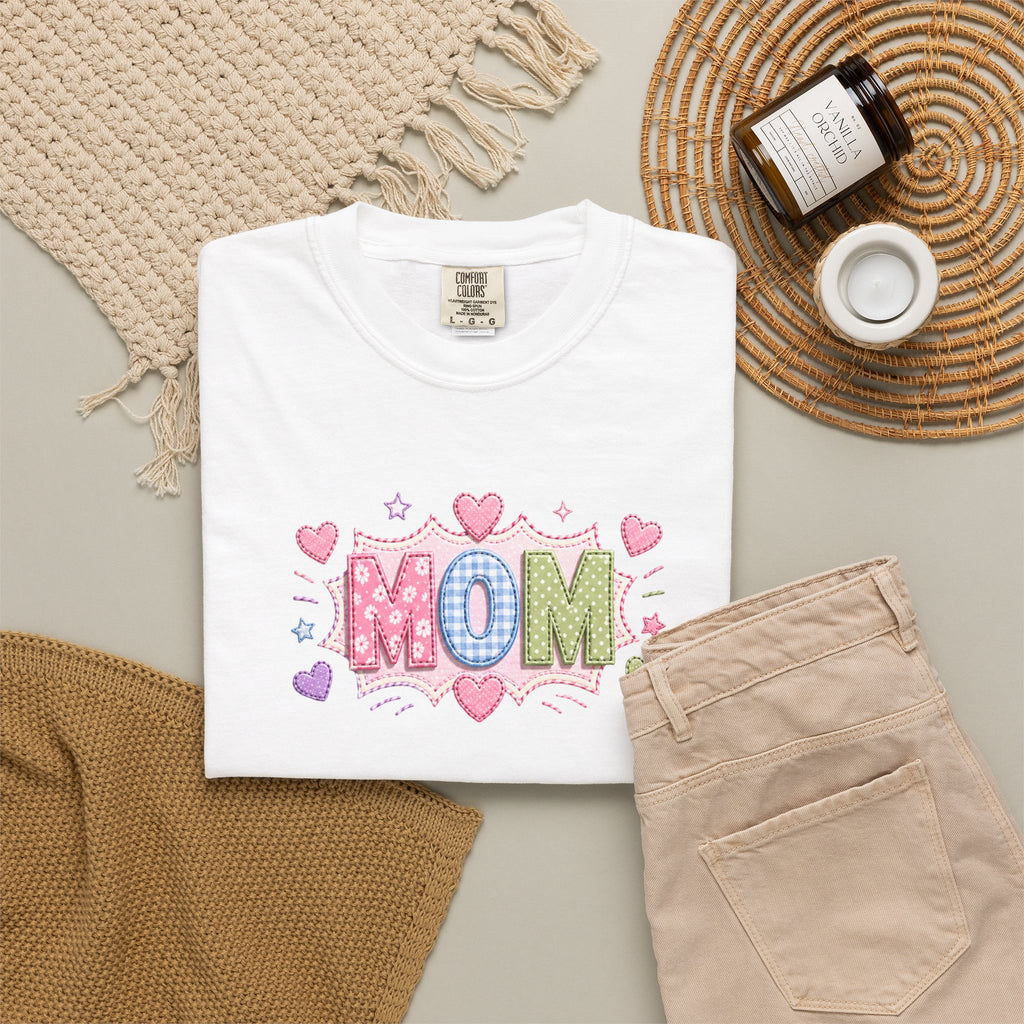 Mom Hearts T‑Shirt — Cute Pastel "MOM" Graphic Tee for Mother's Day & Everyday