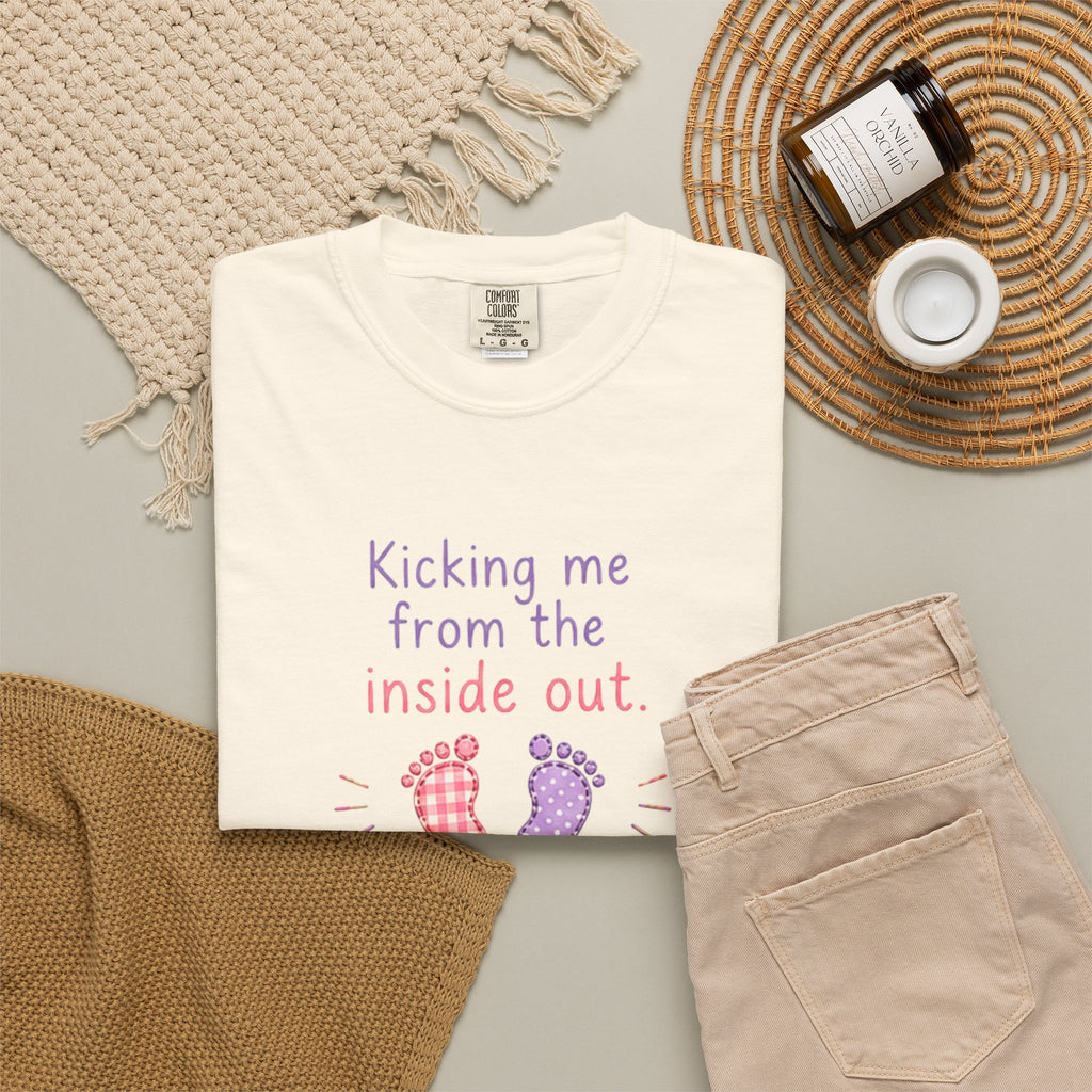Pregnancy T-Shirt "Kicking Me From the Inside Out" — Cute Baby Footprint Maternity Tee