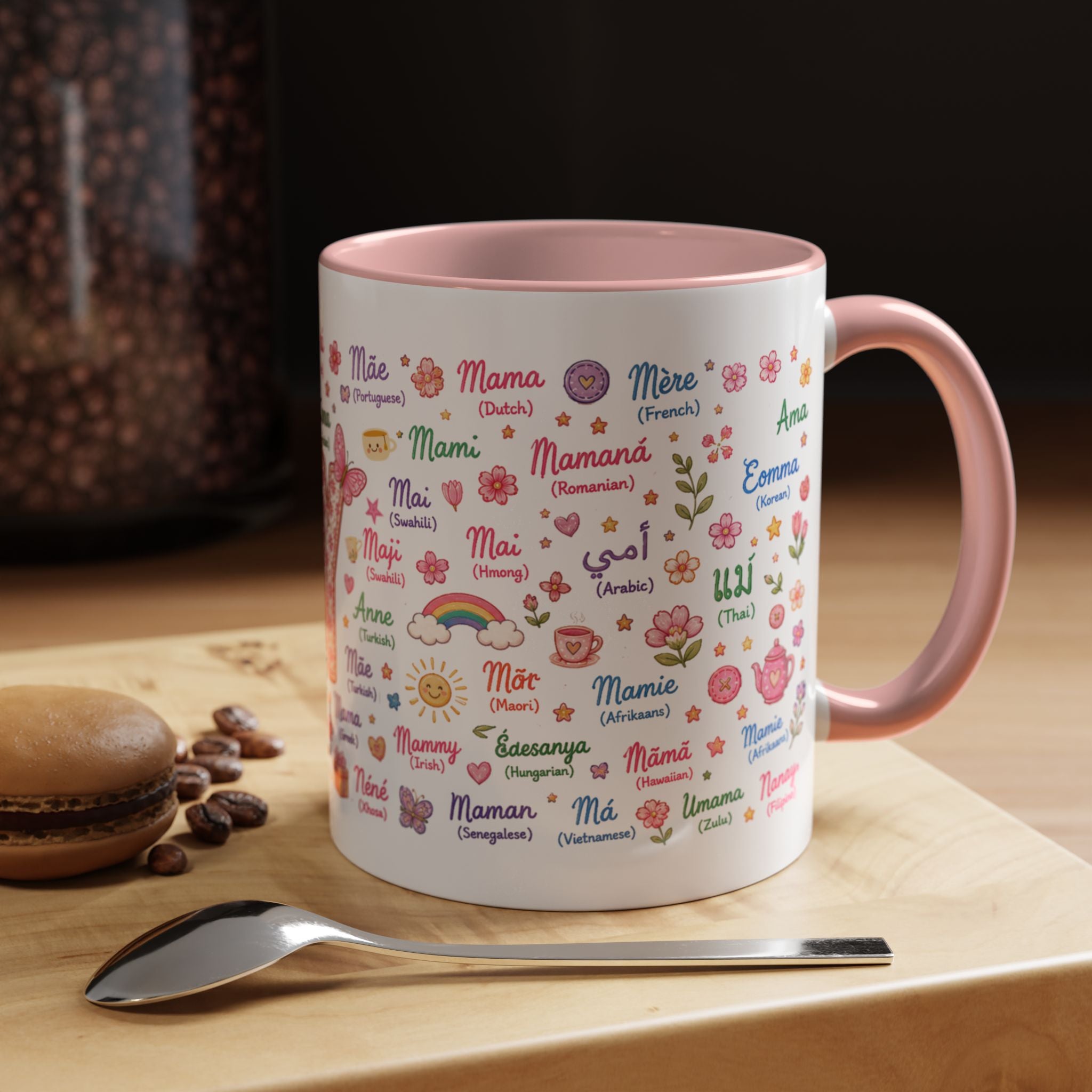 "MOMMY" Accent Coffee Mug – Multilingual 'Mom' Floral Pink 11/15oz