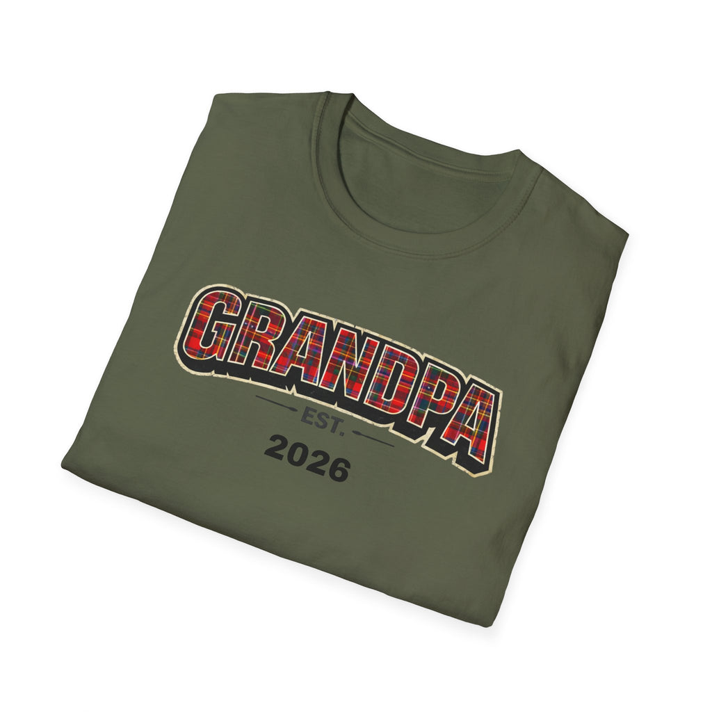 Grandpa EST. 2026 T-Shirt — New Grandpa Plaid Announcement Tee