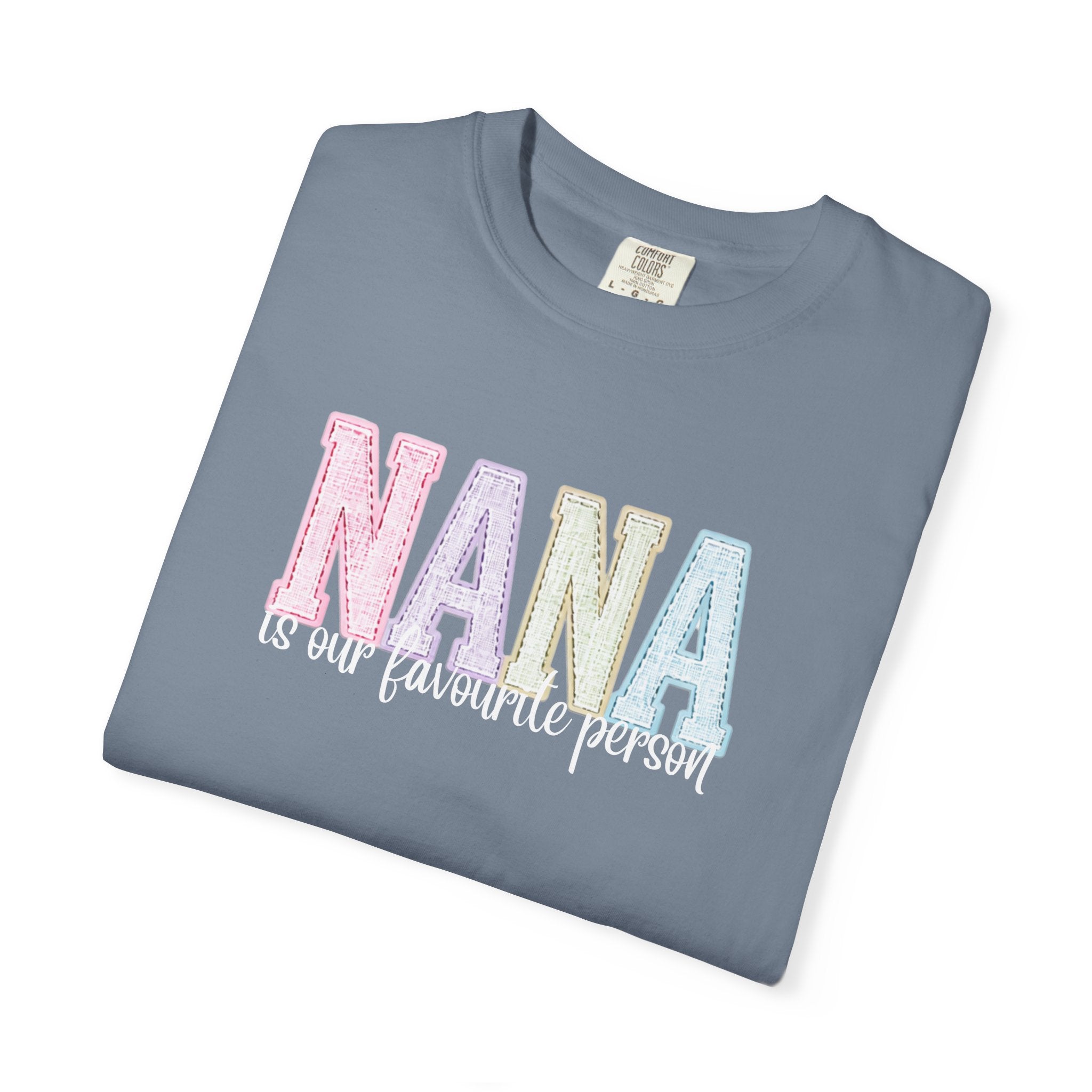 Nana Pastel Patchwork Tee — Soft White "NANA" Graphic T-Shirt for Grandmothers