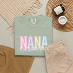 Nana Pastel Patchwork Tee — Soft White "NANA" Graphic T-Shirt for Grandmothers