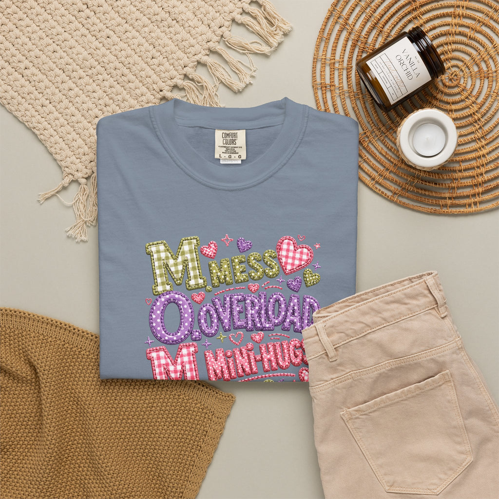 Mess, Overload, Mini-Hugs Hugs T-Shirt — Cute Hand-Lettered Mom Vibes Tee
