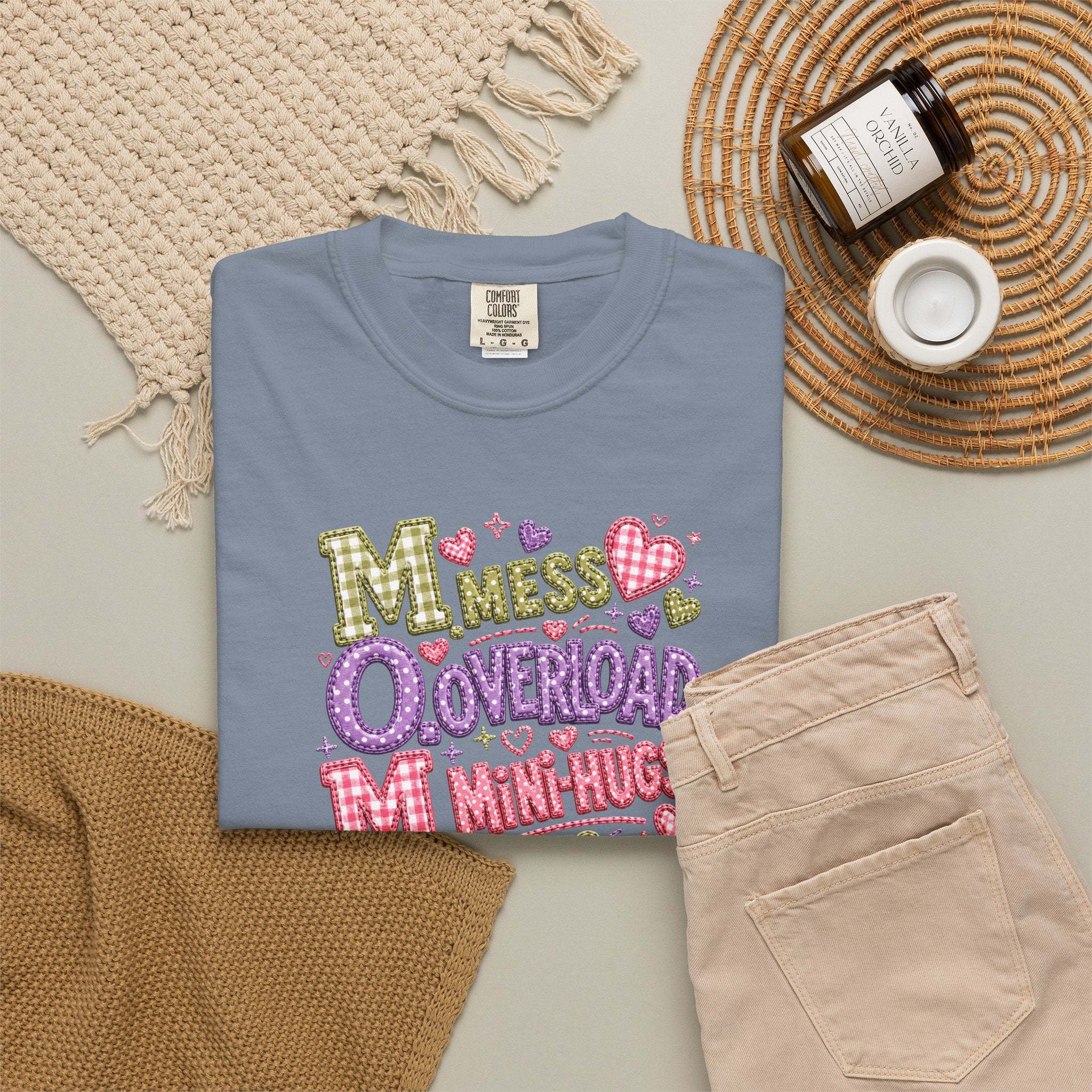 Mess, Overload, Mini-Hugs Hugs T-Shirt — Cute Hand-Lettered Mom Vibes Tee